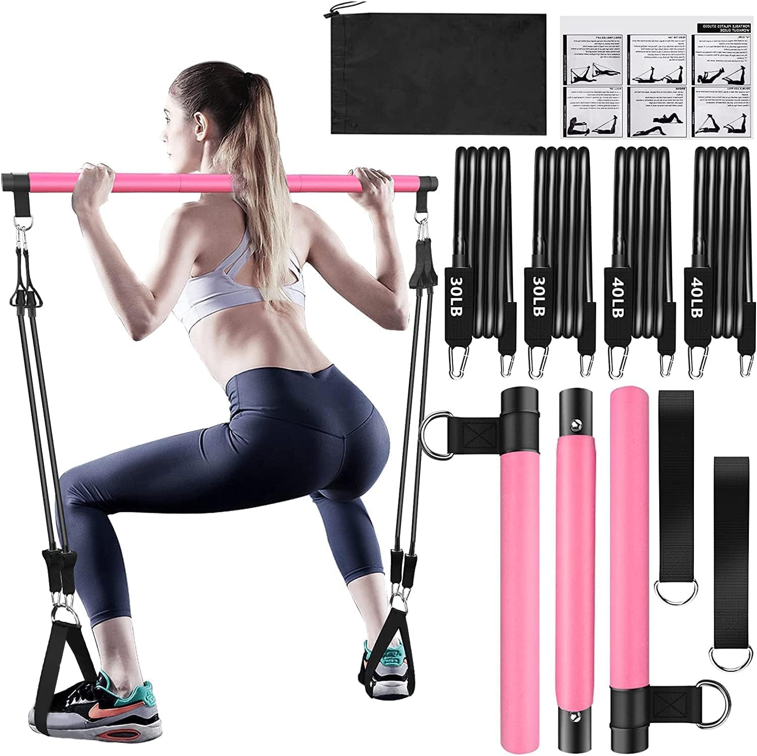 Pilates Bar Kit with Resistance Bands,3-Section Pilates Bar with Stackable Bands Workout Equipment for Legs,Hip,Waist and Arm,Exercise Fitness Equipment for Women & Men Home Gym Yoga Pilates