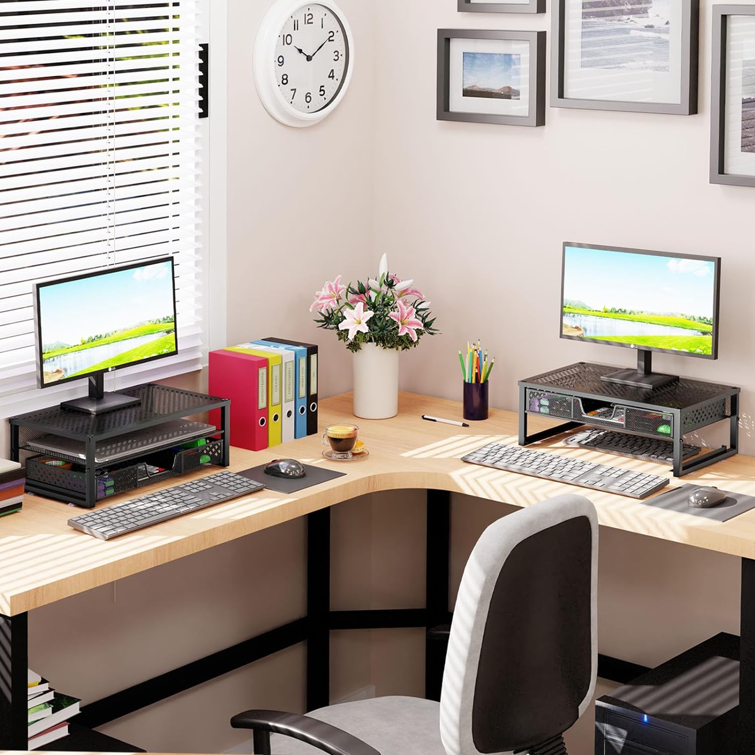-Metal Monitor Stand Riser and Computer Desk Organizer with Drawer for Laptop, Computer, Imac, Black
