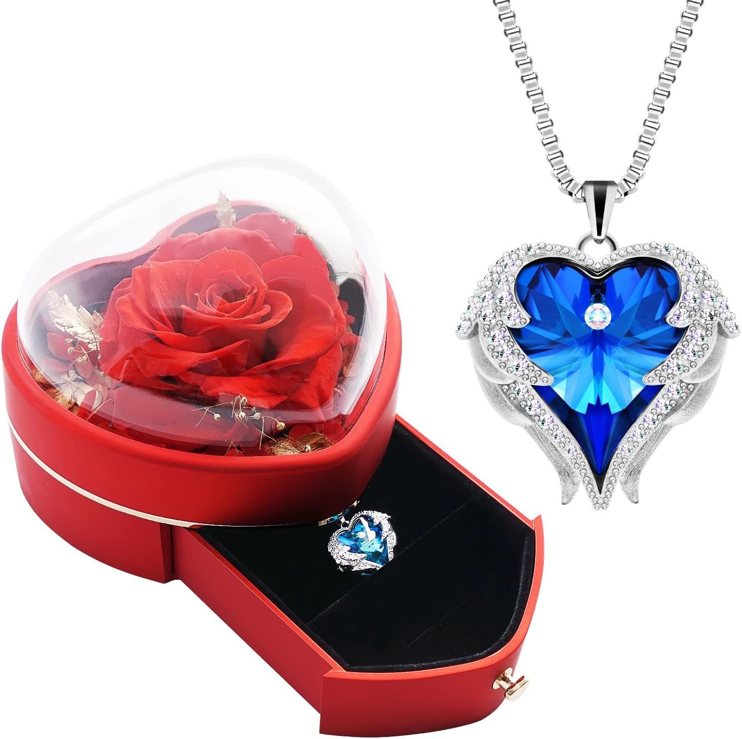 Preserved Real Red Rose with Heart Necklace Gift for Girlfriend. Gifts for Mom Grandma on Mothers Day .Anniversary Birthday Gifts for Her. Birthday Gifts for Women.