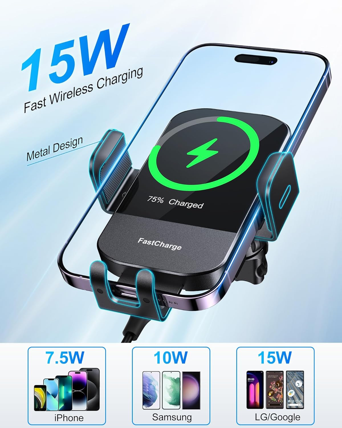 Wireless Car Charger,  15W Qi Fast Charging Auto Clamping Car Charger Phone Mount Windshield Dashboard Air Vent Phone Holder for Iphone 11 Pro Max Xs, Samsung Galaxy S20, S10+ S9+ Note 9, Etc