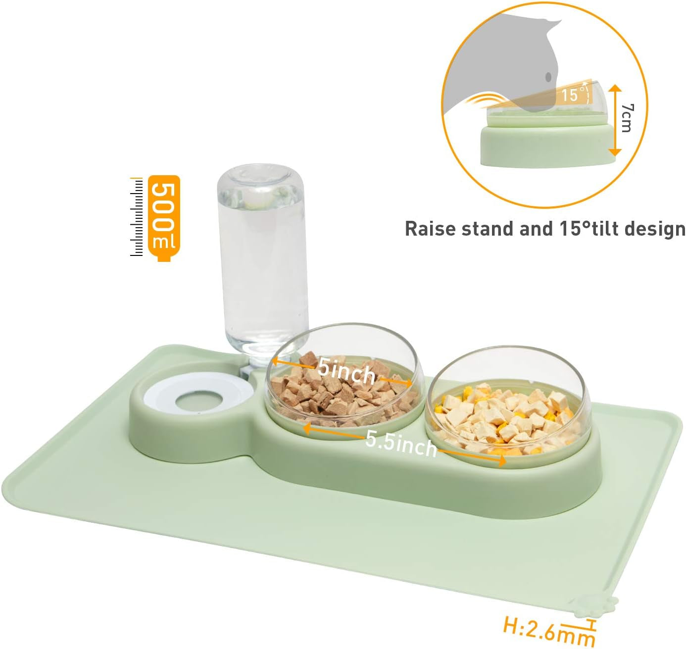 Cat Food and Water Bowls Set with Spill Proof Mat for Cats, Small Dogs and Multiple Pets