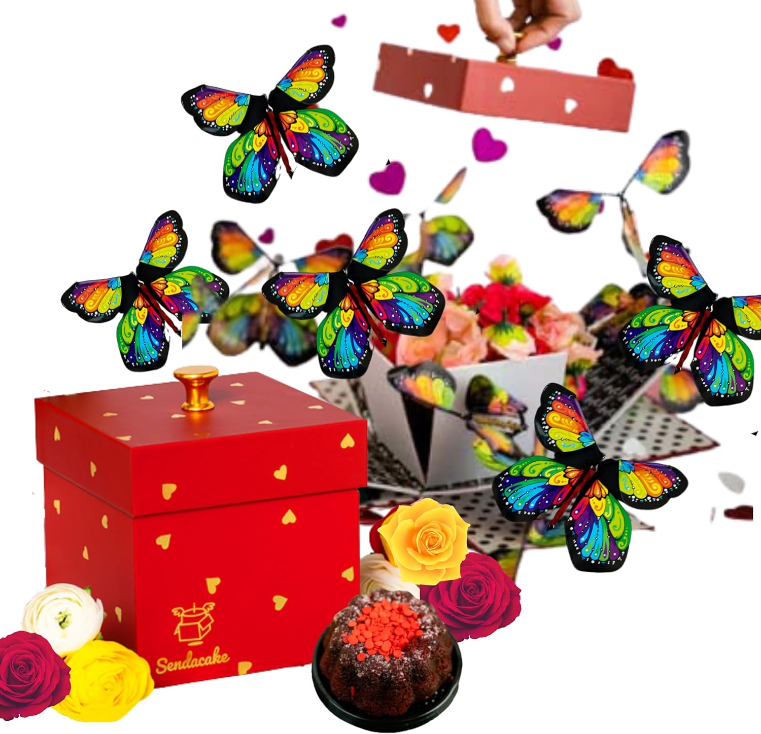 Sendacake Valentine'S Day Love Flying Butterfly Surprise Explosion Gift Box - Flower Shower & Delicious 3" Mini Cakes for Delivery - Gift for Girlfriend, Wife, Women