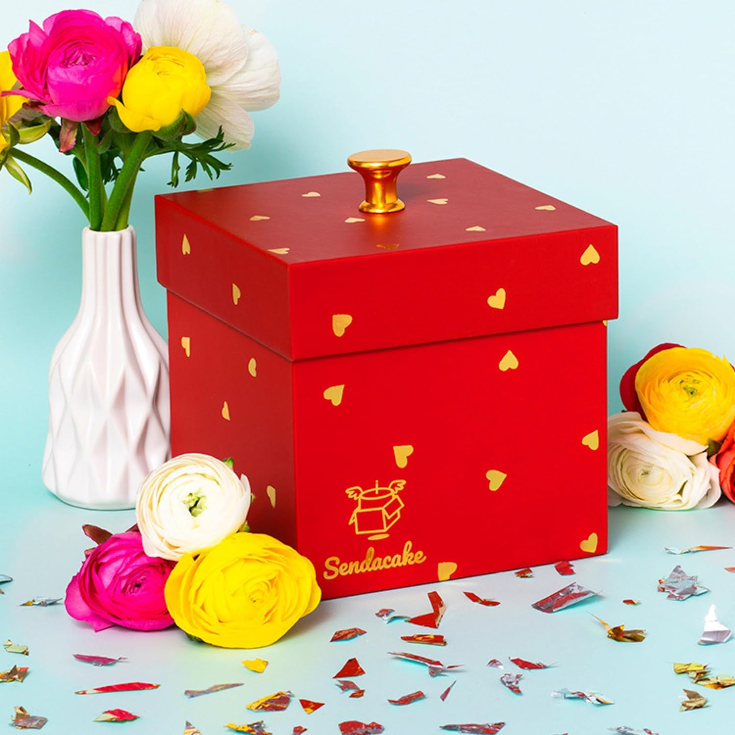 Sendacake Valentine'S Day Love Flying Butterfly Surprise Explosion Gift Box - Flower Shower & Delicious 3" Mini Cakes for Delivery - Gift for Girlfriend, Wife, Women