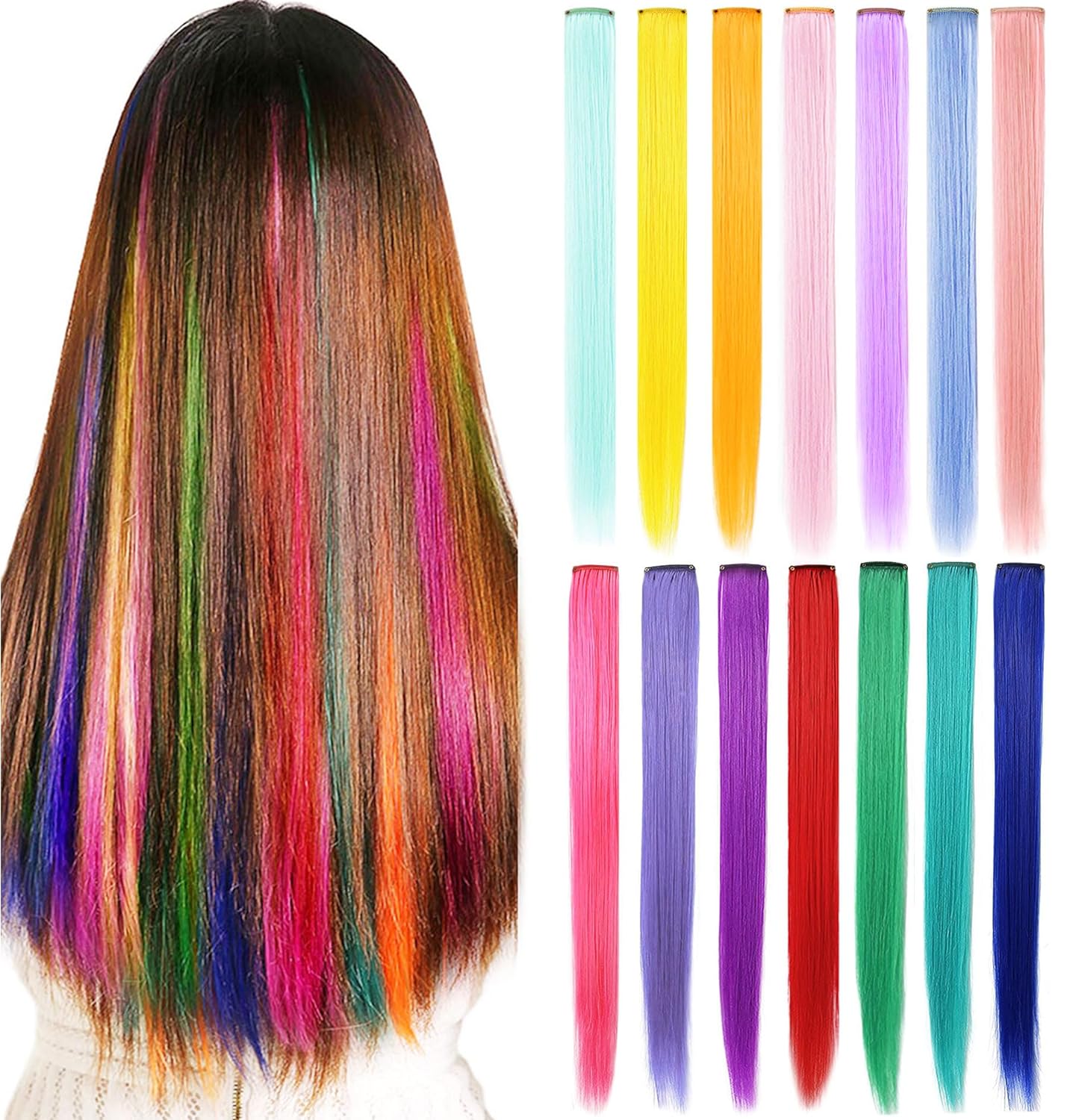 9 PCS Colored Hair Extensions Clip in 21 Inch Straight Multicolored Hair Extensions Accessories for Girls Women Gift Party Highlights Wig Pieces (Rainbow Color)