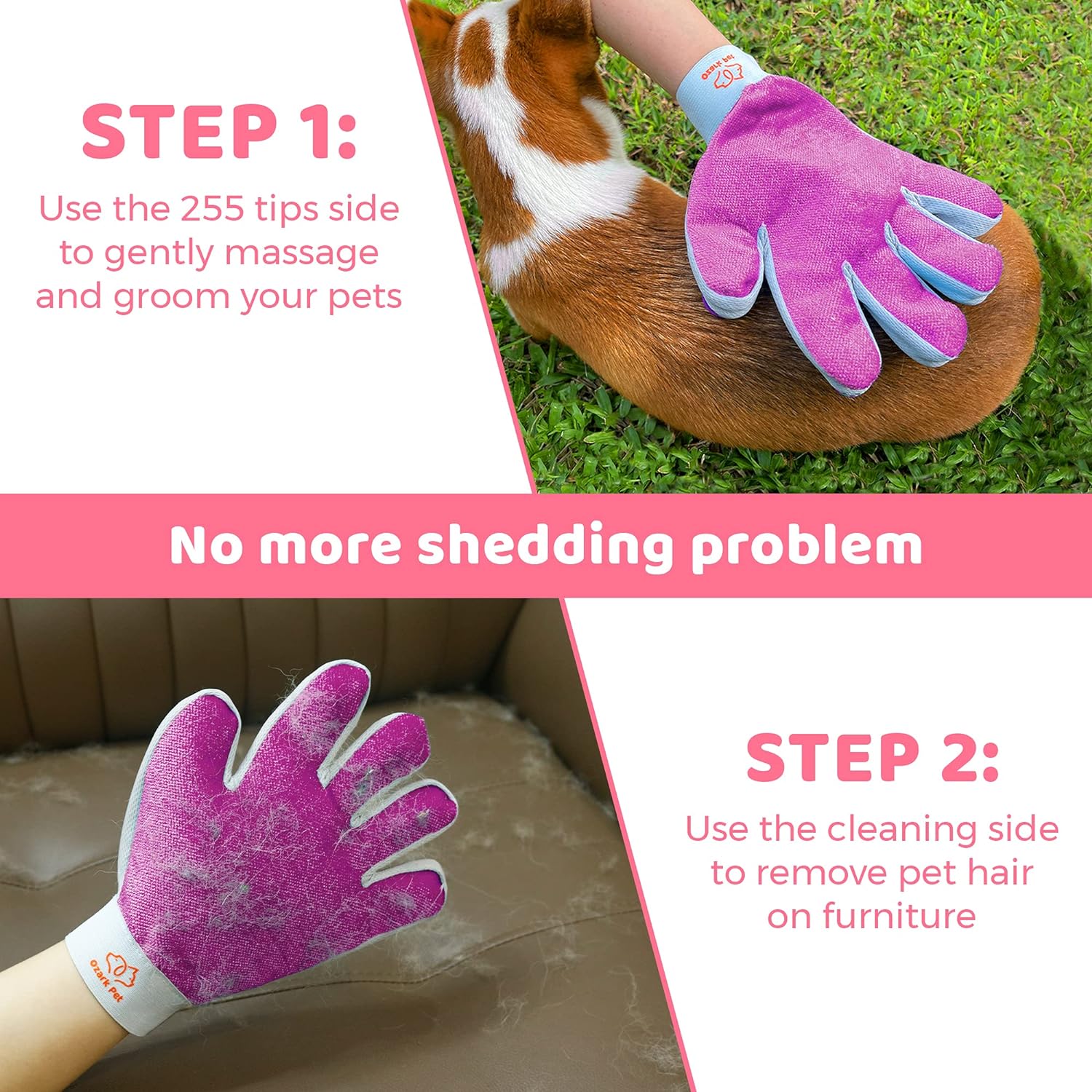 Dog Brush and Cat Brush-With Deshedding Brush, Dog Dematting Tools and 2 Side Shedding Brush Glove, Reduce Shedding up to 95%, for Short to Long Hair, Small to Medium Breeds by  (Pink Small)