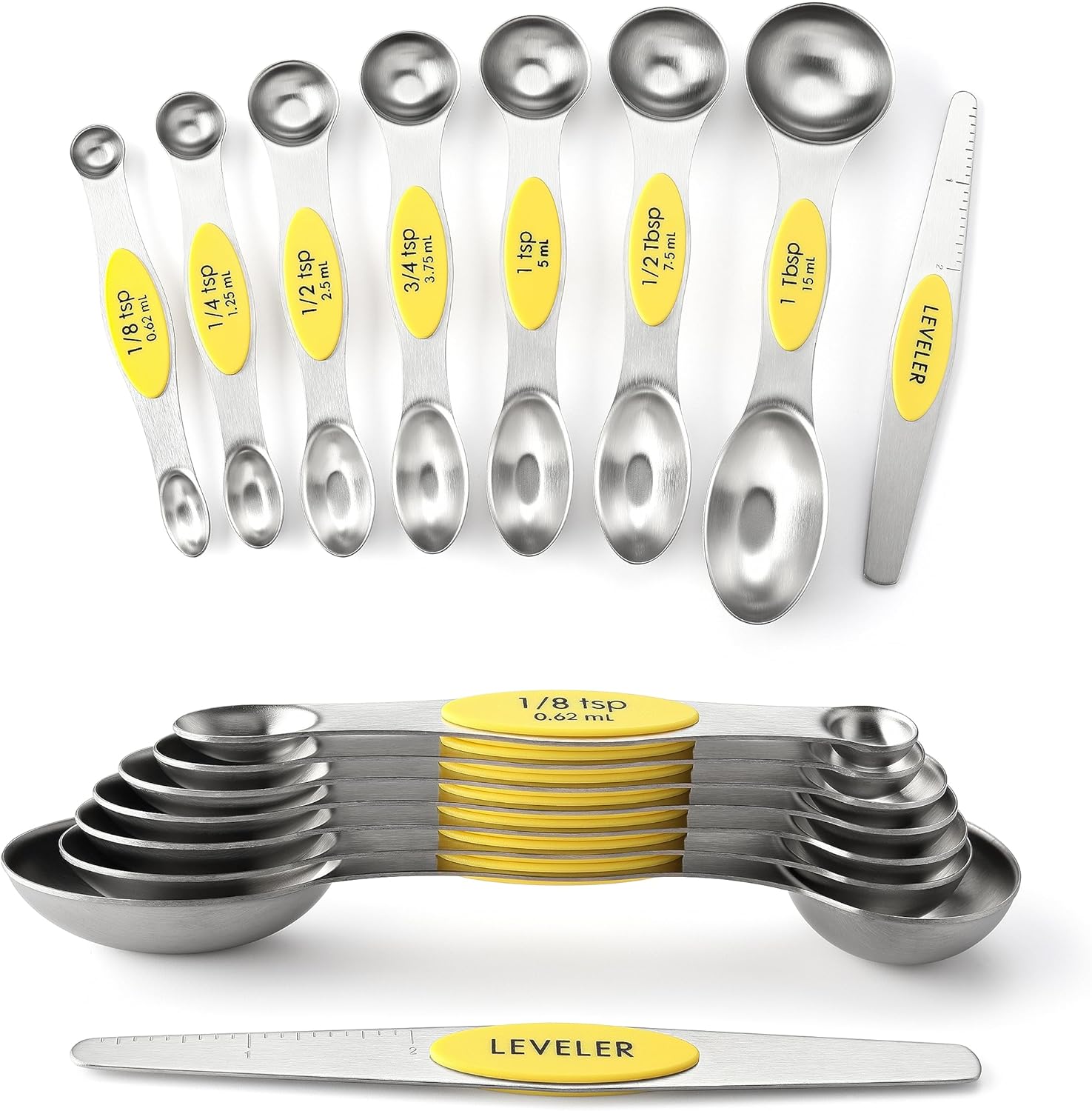 Magnetic Measuring Spoons Set with Strong N45 Magnets, Heavy Duty Stainless Steel Metal, Fits in Most Kitchen Spice Jars for Baking & Cooking, BPA Free, Black, Set of 8 with Leveler