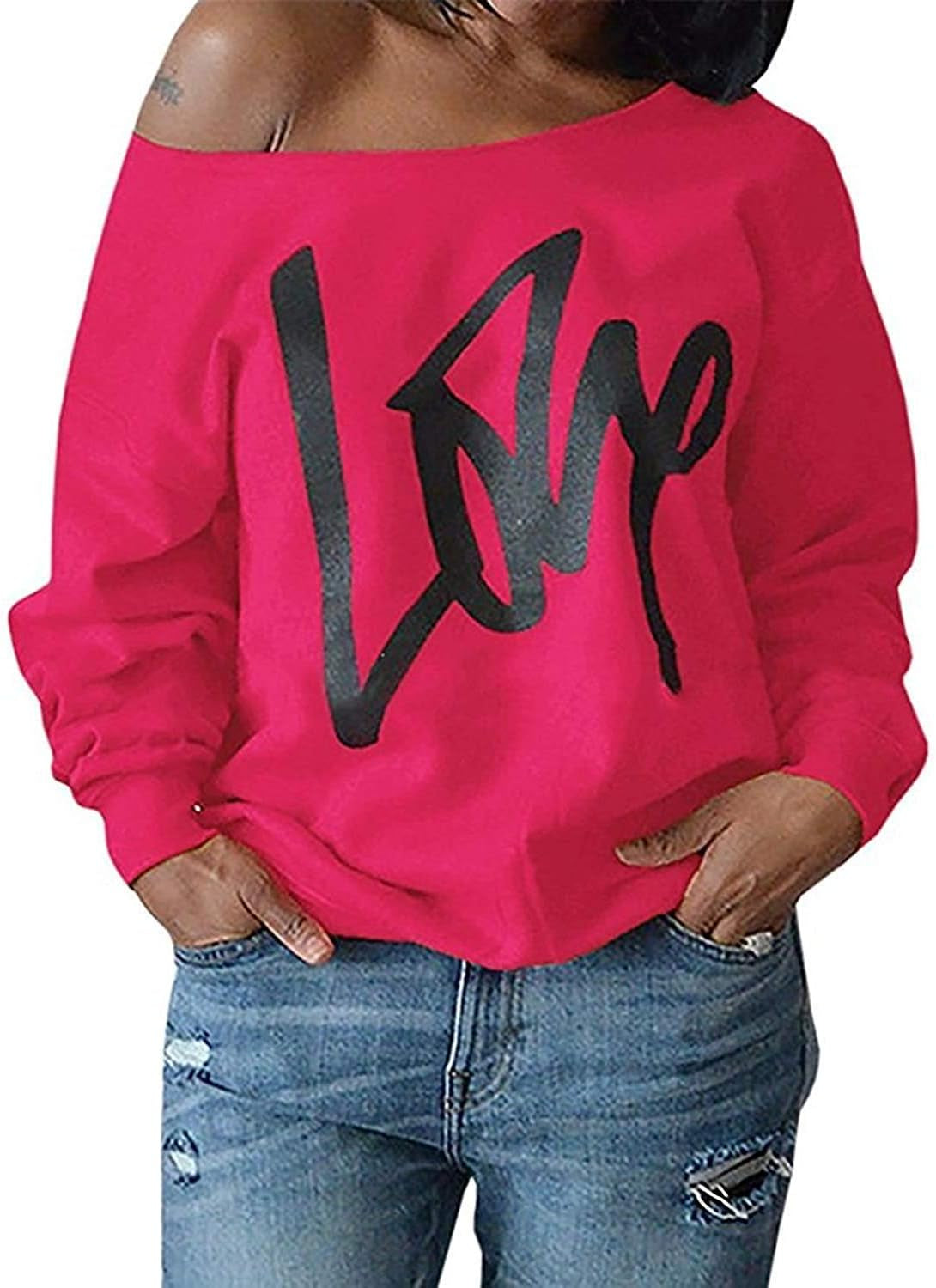 Womens Oversized Sweatshirt Love Letter Printed off Shoulder Sweatshirt Loose Slouchy Pullover Tops