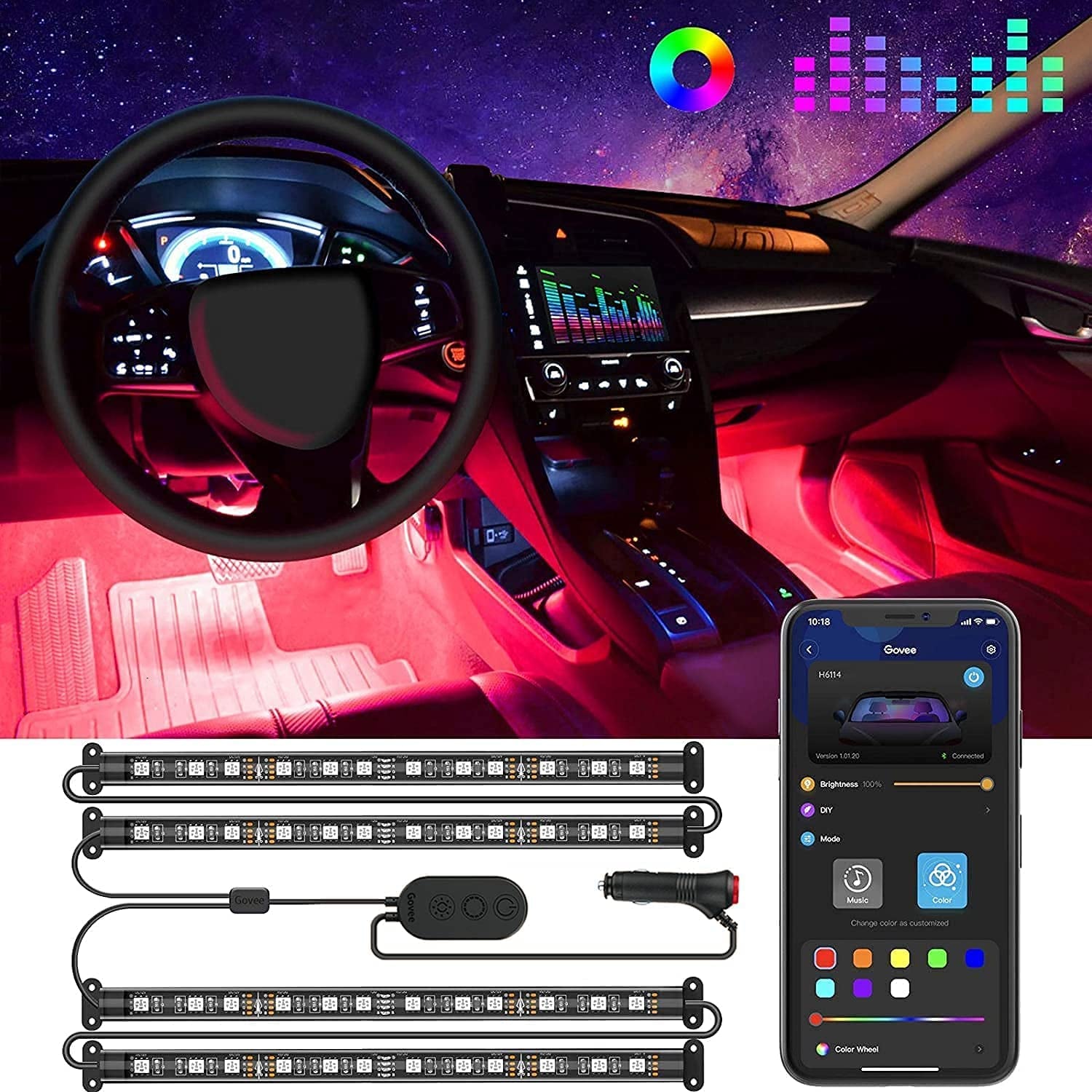 Car LED Lights, Smart Interior Lights with App Control, RGB inside Car Lights with DIY Mode and Music Mode, 2 Lines Design for Cars with Car Charger, DC 12V