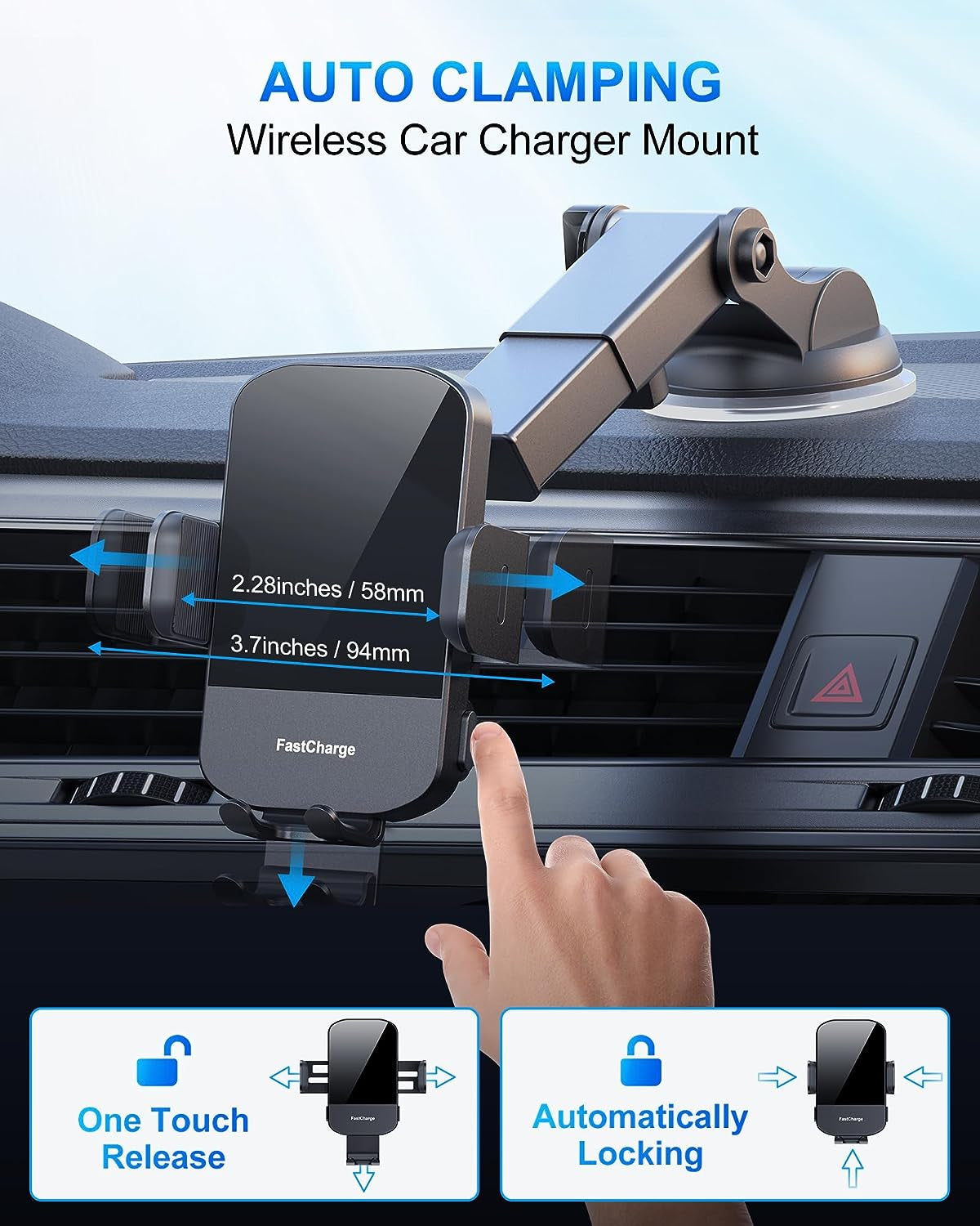 Wireless Car Charger,  15W Qi Fast Charging Auto Clamping Car Charger Phone Mount Windshield Dashboard Air Vent Phone Holder for Iphone 11 Pro Max Xs, Samsung Galaxy S20, S10+ S9+ Note 9, Etc