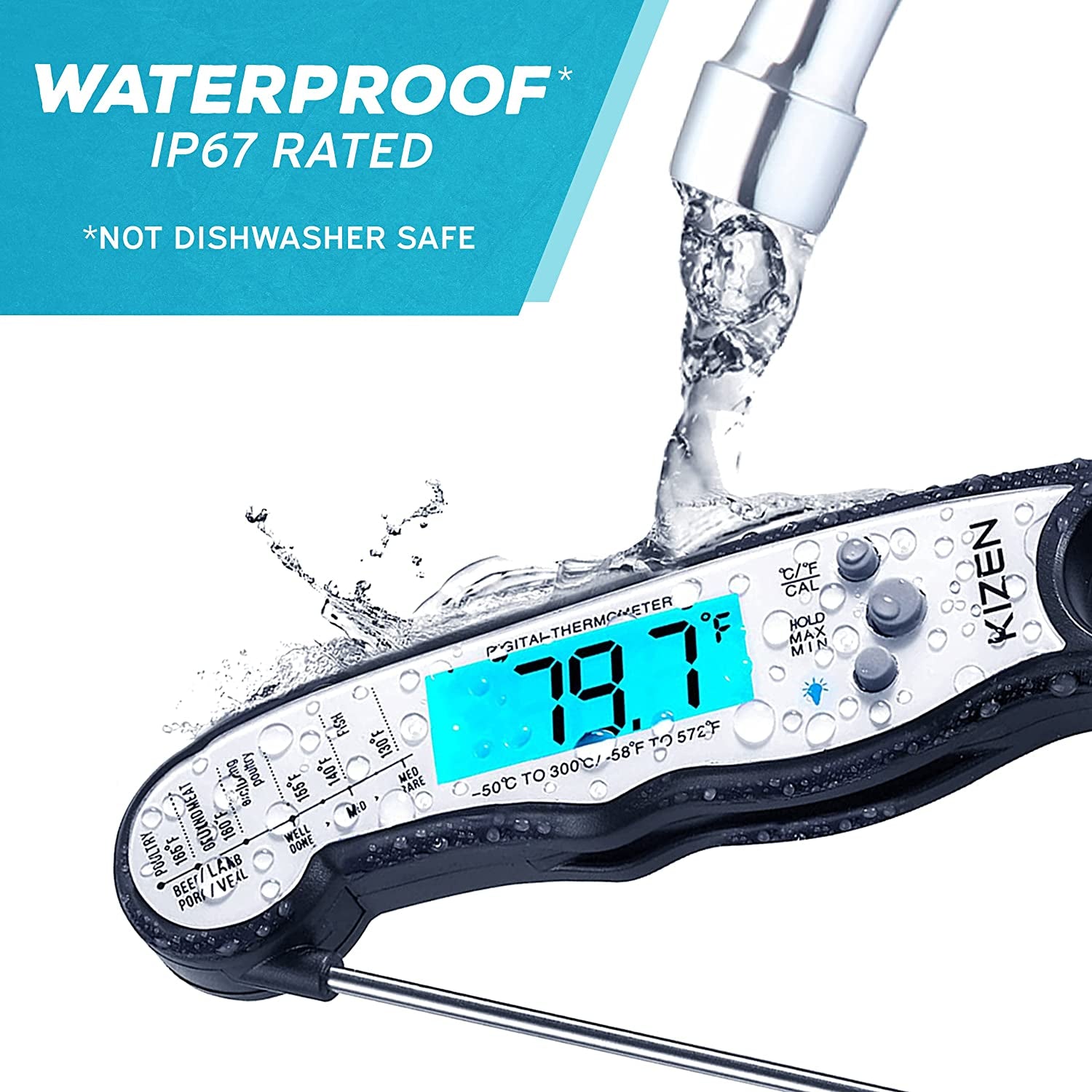 Digital Meat Thermometer with Probe - Instant Read Food Thermometer for Cooking, Grilling, BBQ, Baking, Liquids, Candy, Deep Frying, and More - Black/White