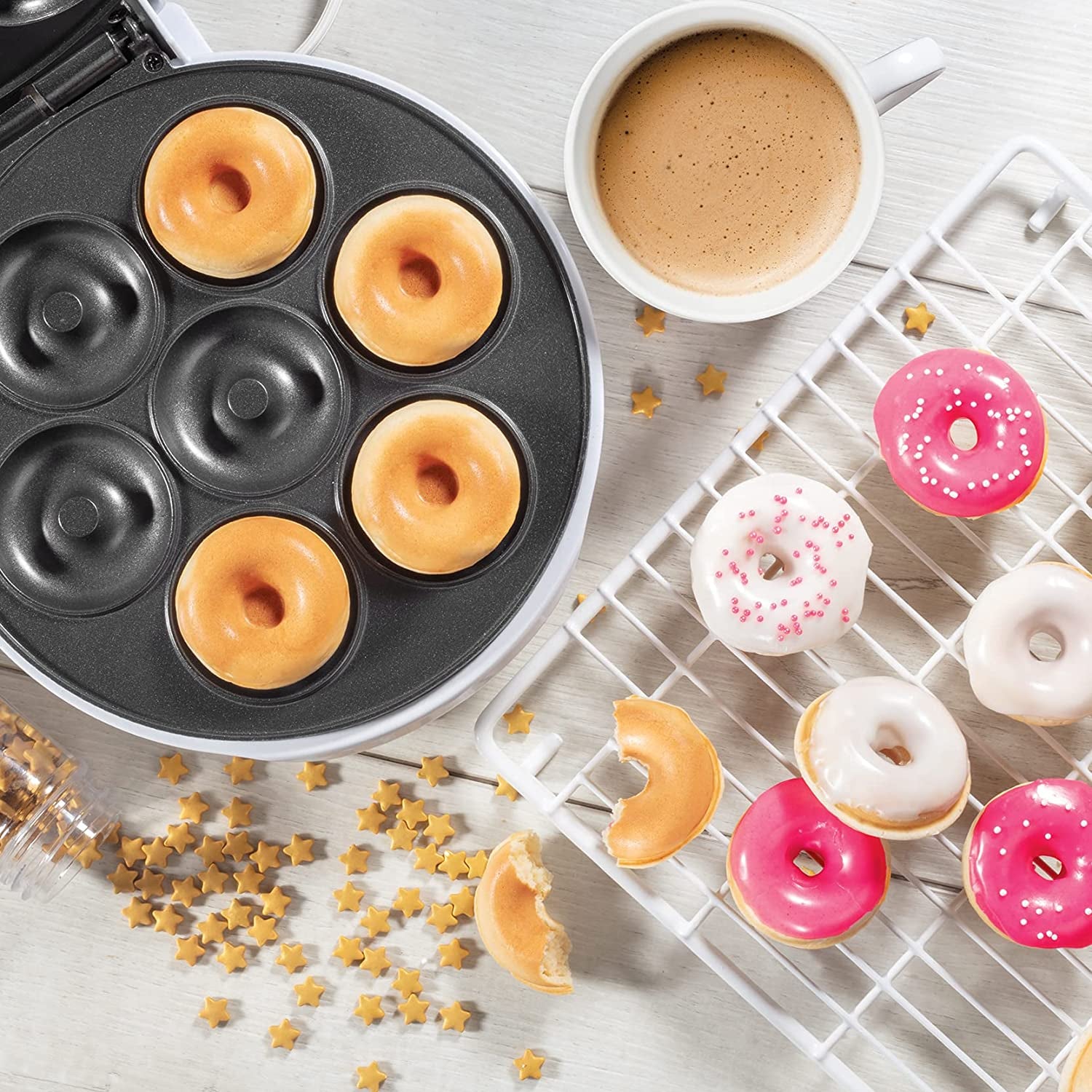 Mini Donut Maker- Electric Non-Stick Surface Makes 7 Small Doughnuts- Decorate, Frost or Ice Your Own for Kid Friendly Treat- Unique Baking Activity for Adults, Easter Brunch or Dessert, Gift for Her