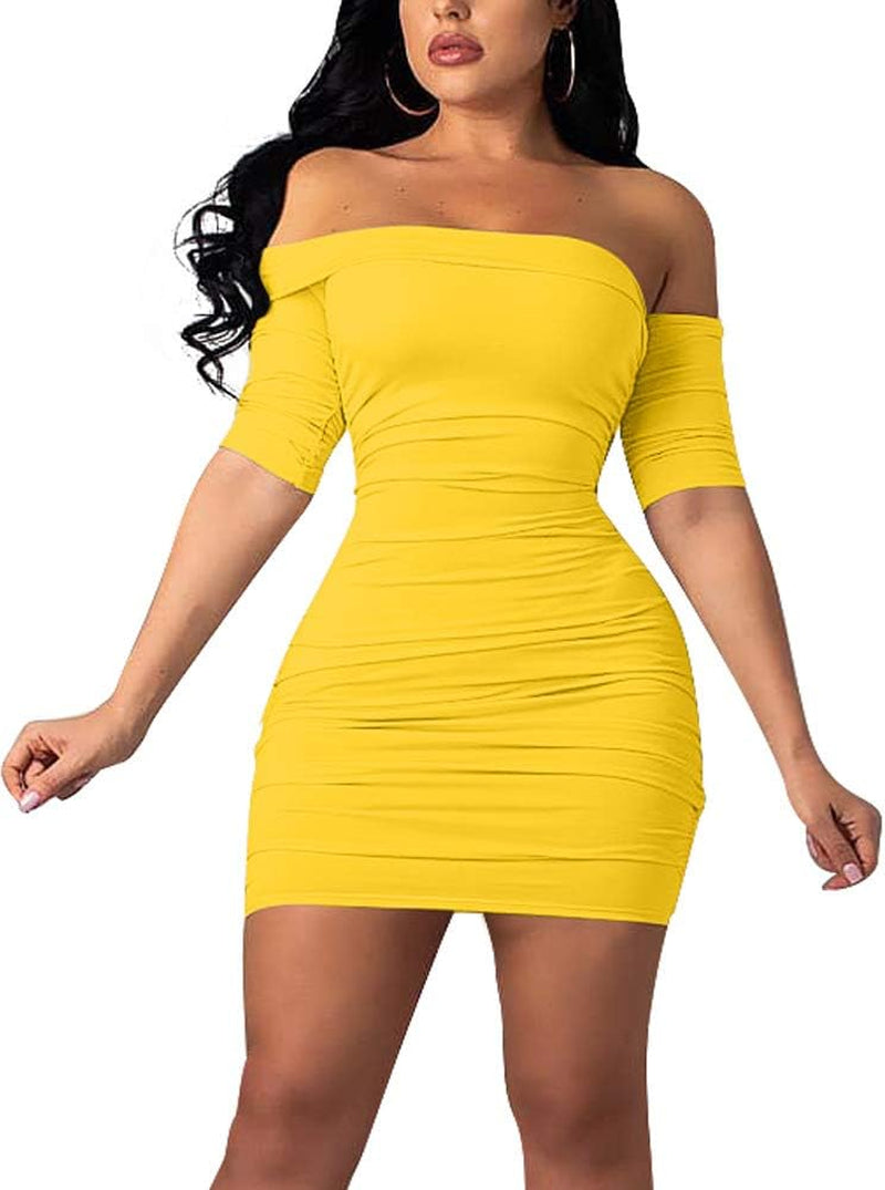 Women'S Summer Short Sleeve Sexy Bodycon Ruched Mini Party Dress