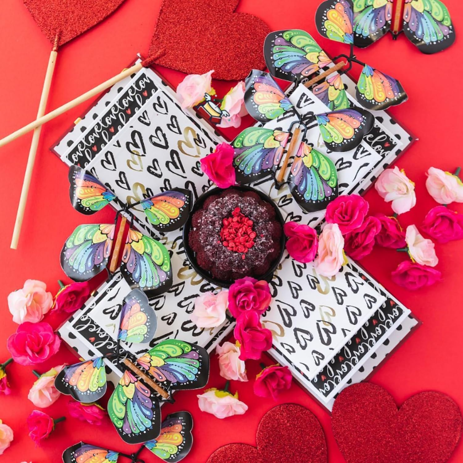 Sendacake Valentine'S Day Love Flying Butterfly Surprise Explosion Gift Box - Flower Shower & Delicious 3" Mini Cakes for Delivery - Gift for Girlfriend, Wife, Women