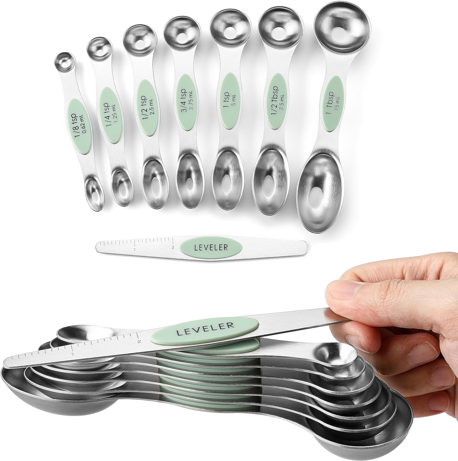 Magnetic Measuring Spoons Set with Strong N45 Magnets, Heavy Duty Stainless Steel Metal, Fits in Most Kitchen Spice Jars for Baking & Cooking, BPA Free, Black, Set of 8 with Leveler