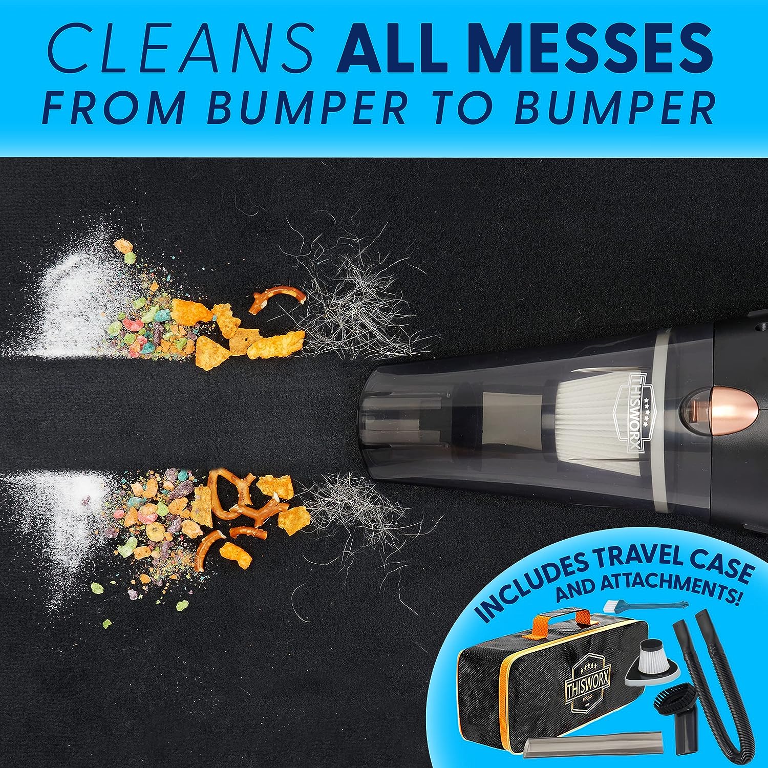 Thisworx Car Vacuum Cleaner - Car Accessories - Small 12V High Power Handheld Portable Car Vacuum W/Attachments, 16 Ft Cord & Bag - Detailing Kit Essentials for Travel, RV Camper