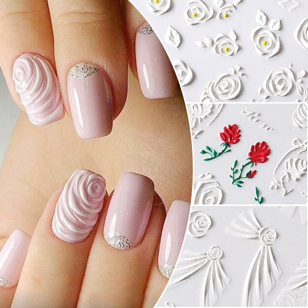 3Pcs Valentine'S Day Nail Art Stickers Decals 5D Engraved Flower Rose Ribbon Sliders for Nail Art Decoration Valentines Day Wedding Embossed Design Accessory (Valentine'S Day)