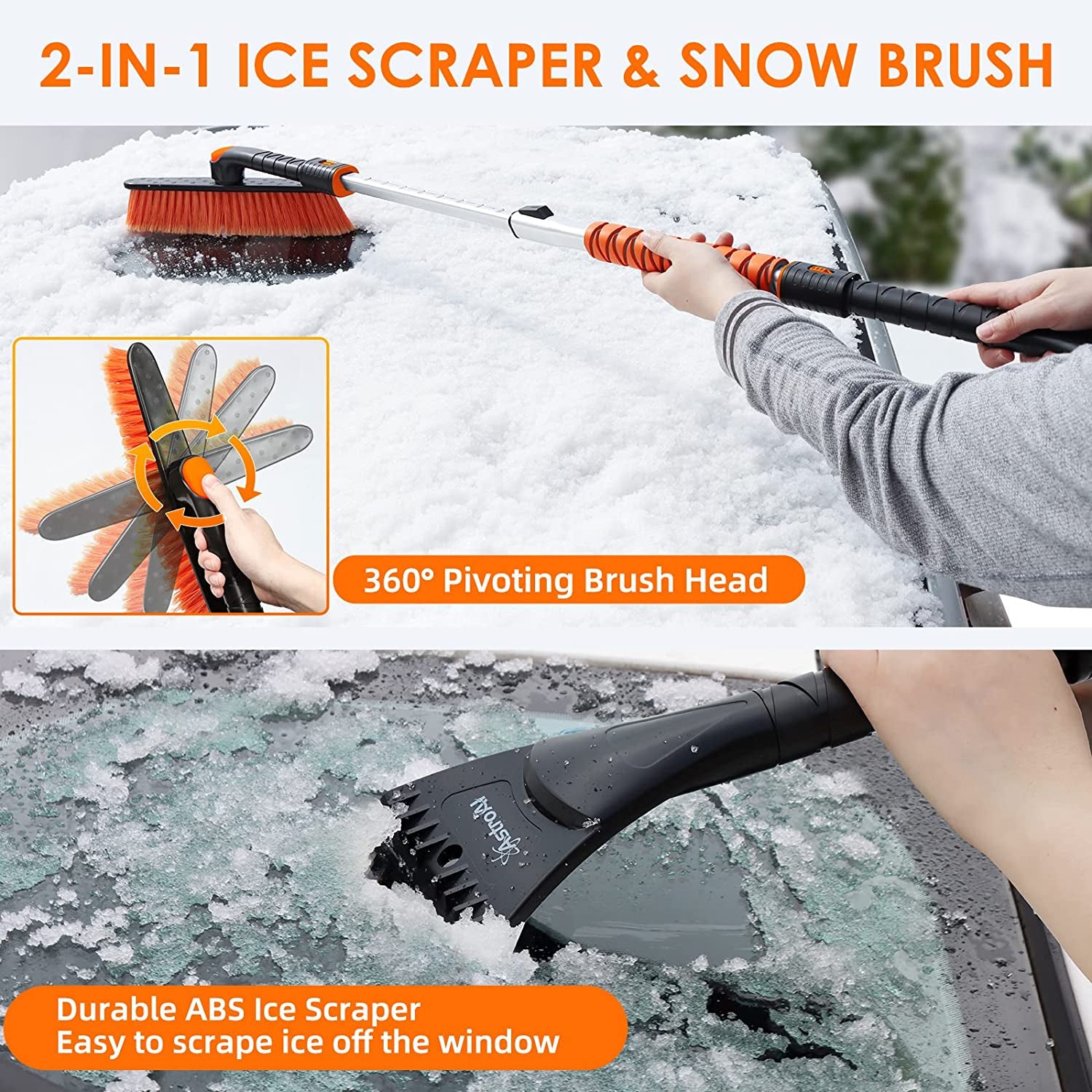 47.2" Ice Scraper and Extendable Snow Brush for Car Windshield with Foam Grip and 360° Pivoting Brush Head for Christmas Car Auto Truck Suv(Orange)