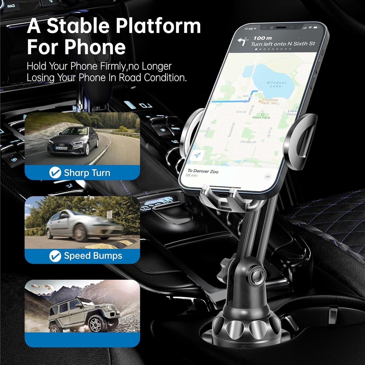 Car Cup Holder Phone Mount Adjustable Pole Car Cup Holder Smart Phone Cradle Car Mount for Iphone 11 Pro/Xr/Xs Max/X/8/7 Plus/6S/Samsung S10/Note 9/S8 Plus/S7 Edge (G) Rey, 11 Inches