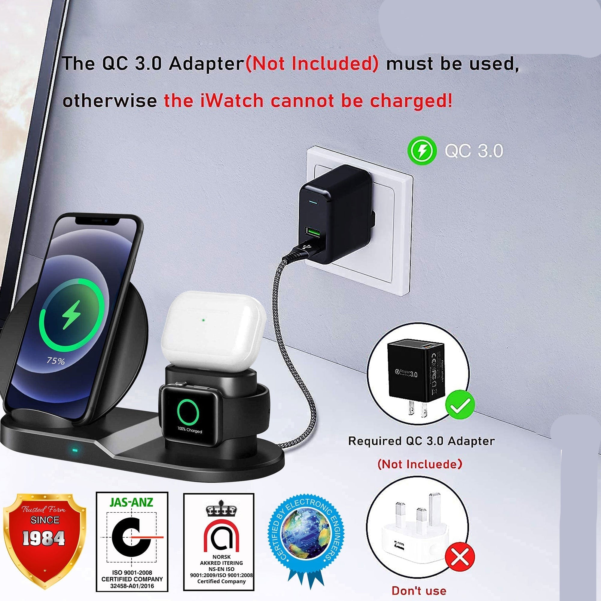 5 Core Wireless Charging Station 3 in 1 Wireless Charger Stand QI Fast Wireless Charging W Dual Coil for Samsung Iphone for Apple Watch Airpod -WCR 3