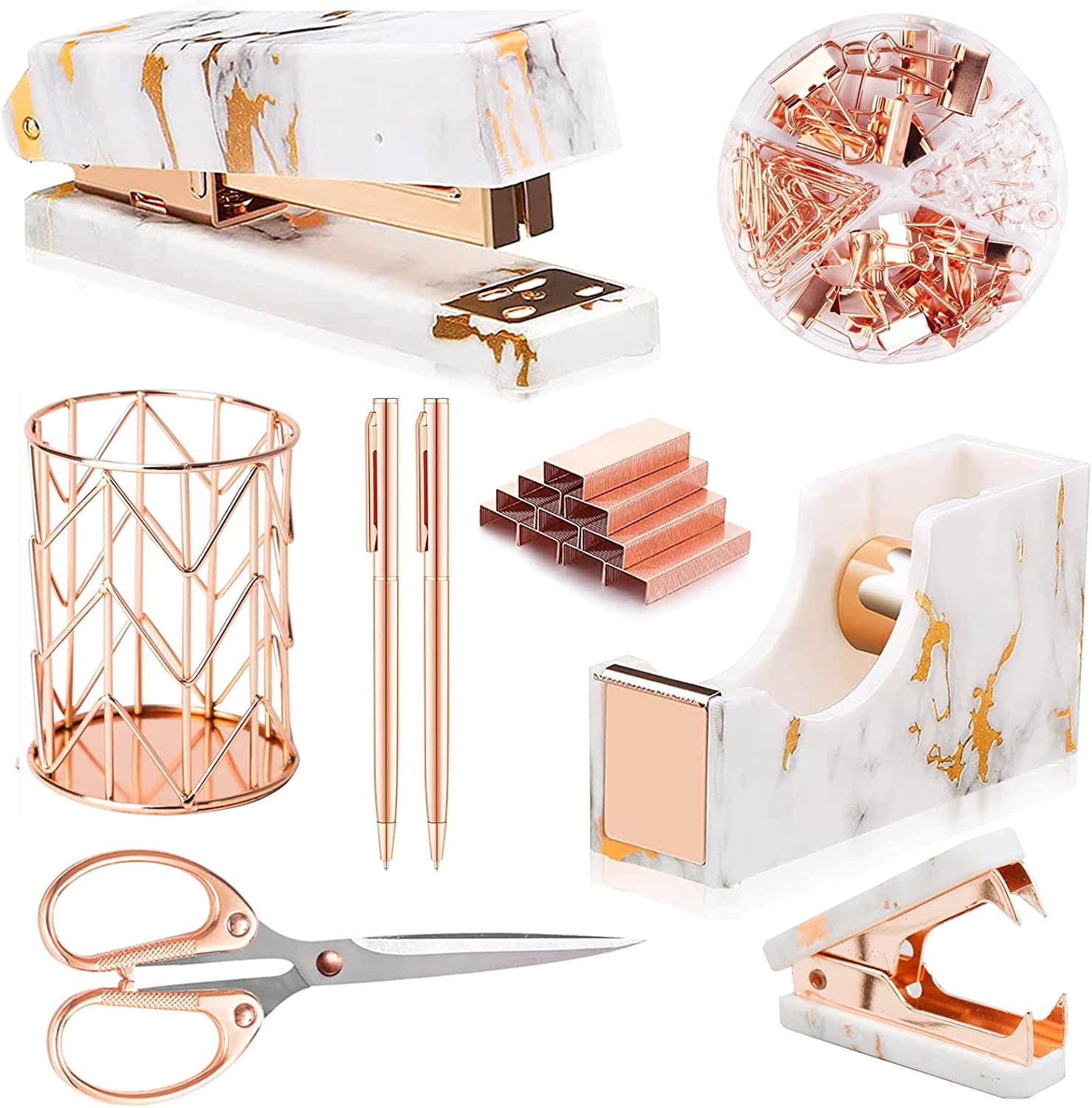 Rose Gold Desk Accessories，Office Supplies Set Acrylic Stapler Set Staple Remover, Tape Holder, 2 Ballpoint Pen, Scissor, Binder/Paper Clips and 1000Pcs Staples.