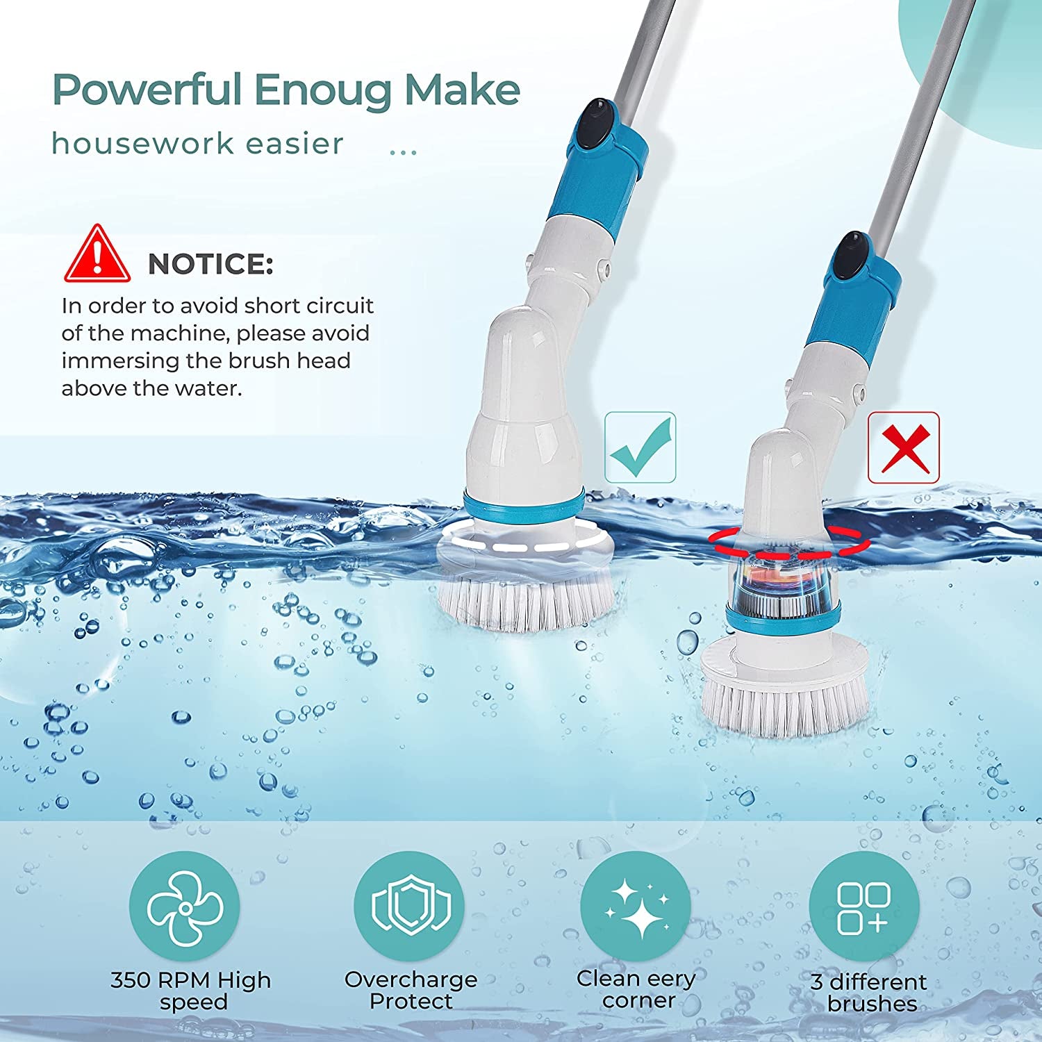 Electric Spin Scrubber, 360 Cordless Upgraded Tub and Tile Scrubber, Super Power Surface Cleaner with 3 Replaceable Brush Heads and 1 Extension Arm for Tub, Kitchen, Bathroom, Tile