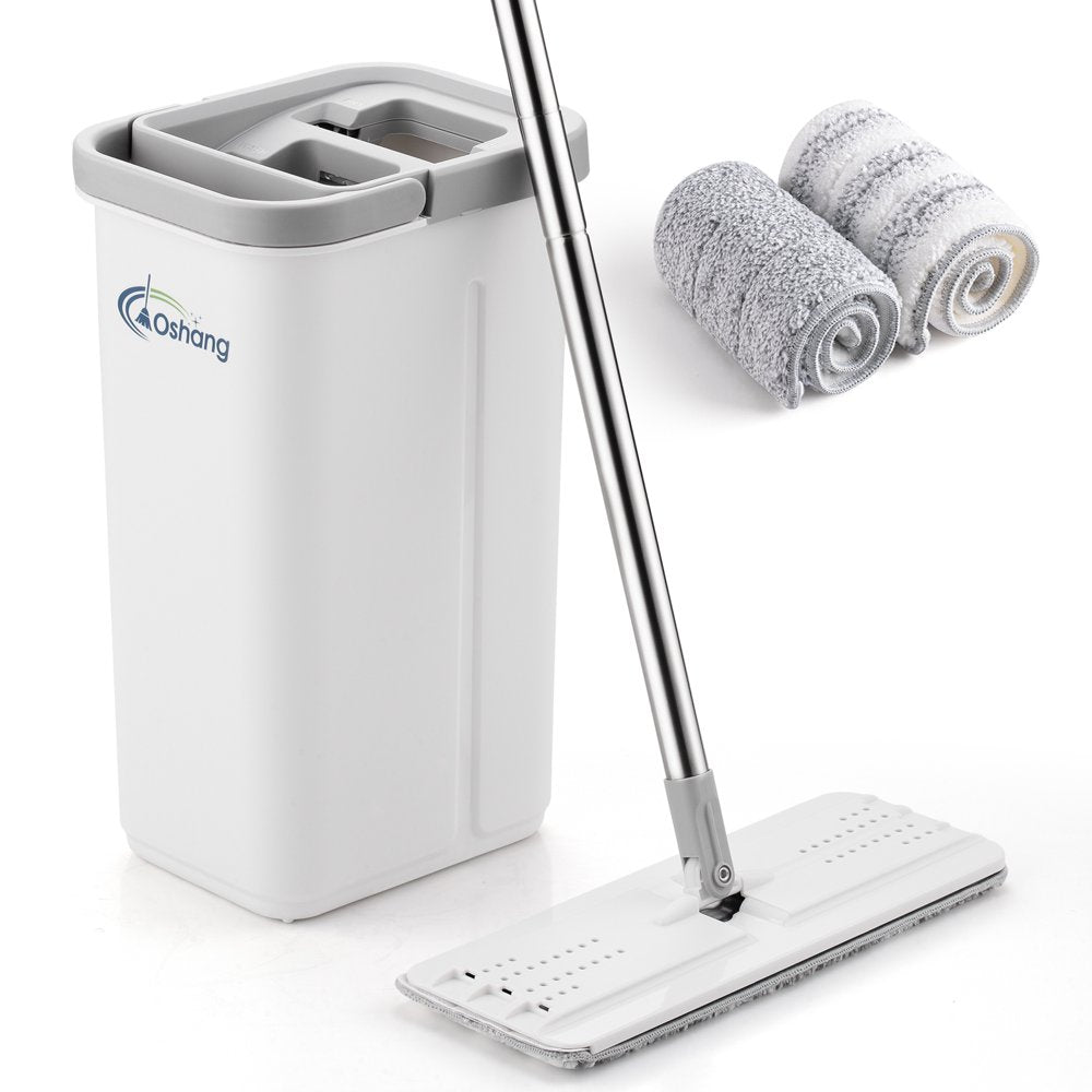 Flat Floor Mop and Bucket Set. Hands Free Floor Flat Mop, 2 Washable & Reusable Microfiber Pads (OG3)