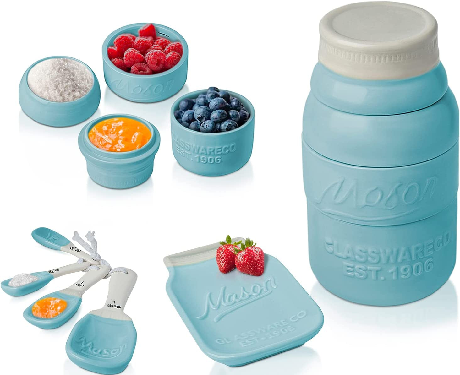 Vintage Mason Jar Kitchenware Set by  - Multi-Piece Kitchen Ceramic Décor Set W/ 4 Measuring Cups, 4 Measuring Spoons and Spoon Rest - Attractive Vintage Style, in Aqua Blue Embossed Ceramic