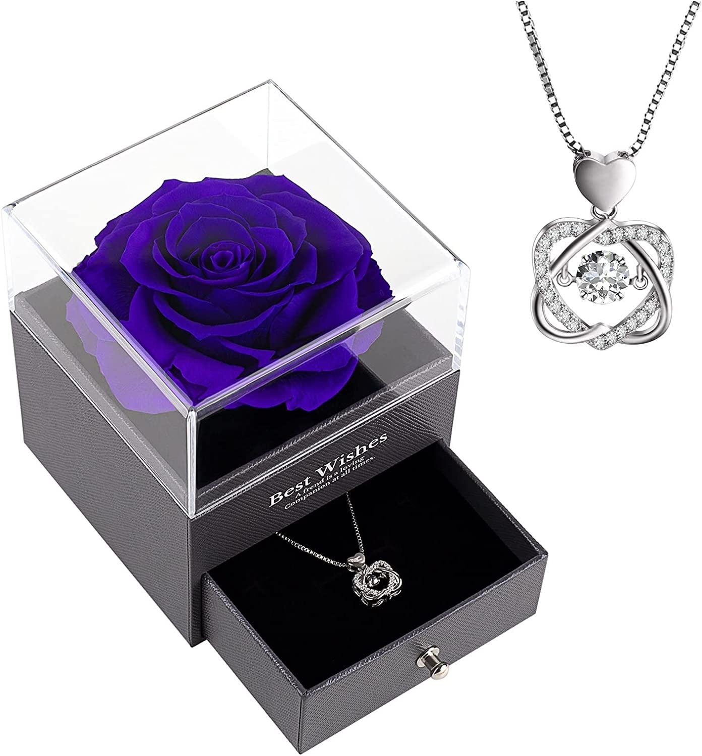 Preserved Real Rose with Dancing Heart Necklace. Birthday Gifts for Women for Her Unique Gifts for Mom Girlfriend Wife Sister. (Red)