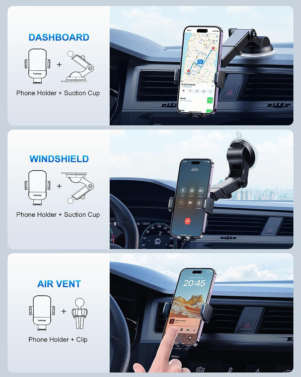 Wireless Car Charger,  15W Qi Fast Charging Auto Clamping Car Charger Phone Mount Windshield Dashboard Air Vent Phone Holder for Iphone 11 Pro Max Xs, Samsung Galaxy S20, S10+ S9+ Note 9, Etc