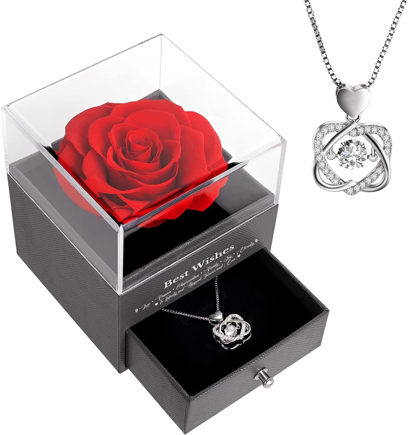 Preserved Real Rose with Dancing Heart Necklace. Birthday Gifts for Women for Her Unique Gifts for Mom Girlfriend Wife Sister. (Red)