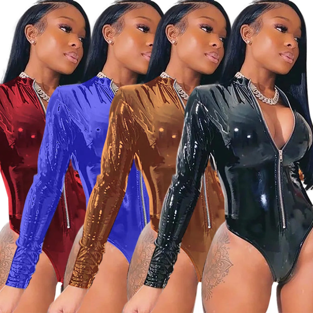 Faux PU Leather Long Sleeve Bodysuit Women Romper One Piece Club Outfits Zipper Bodycon Bodysuit Wrap Sexy Jumpsuit Female