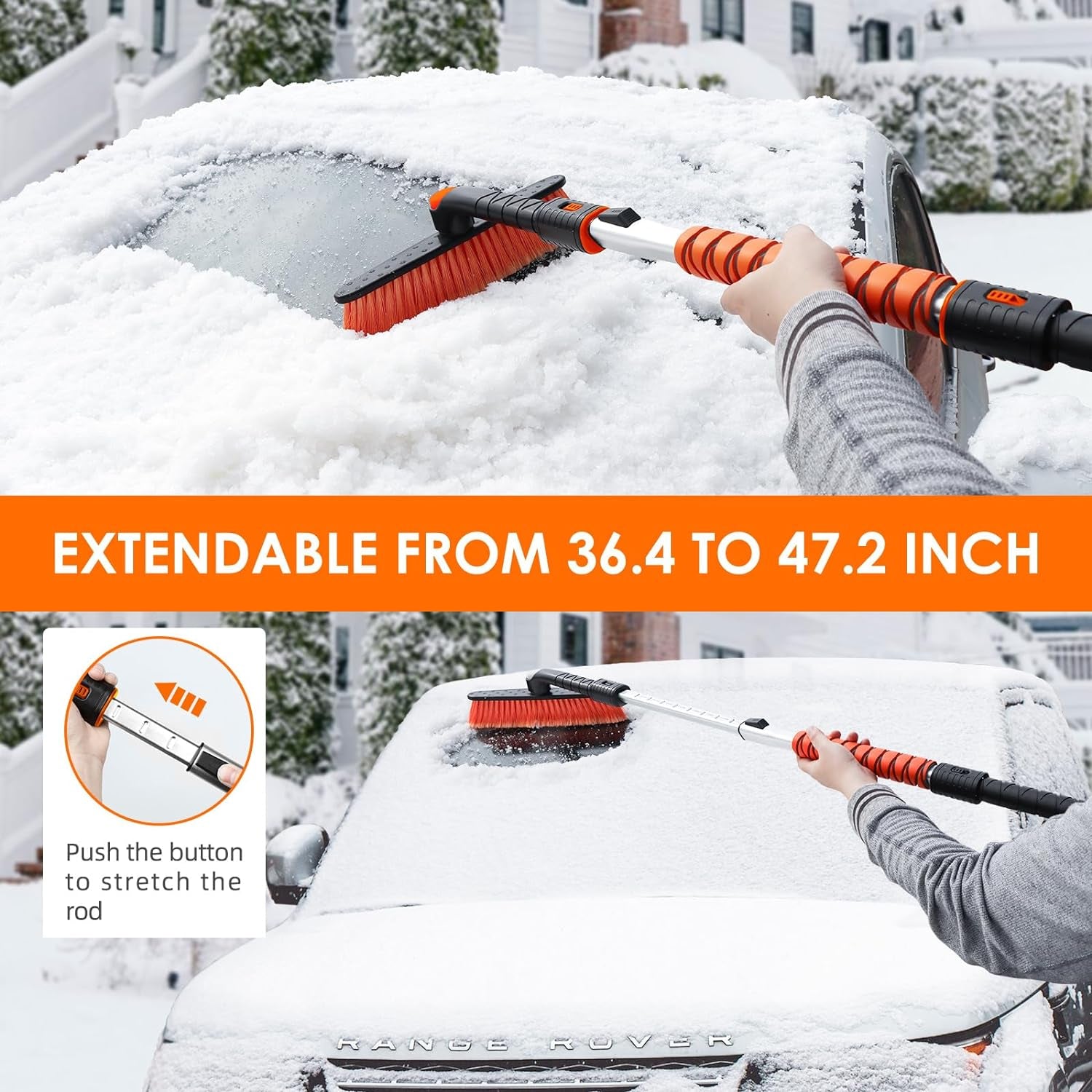 47.2" Ice Scraper and Extendable Snow Brush for Car Windshield with Foam Grip and 360° Pivoting Brush Head for Christmas Car Auto Truck Suv(Orange)