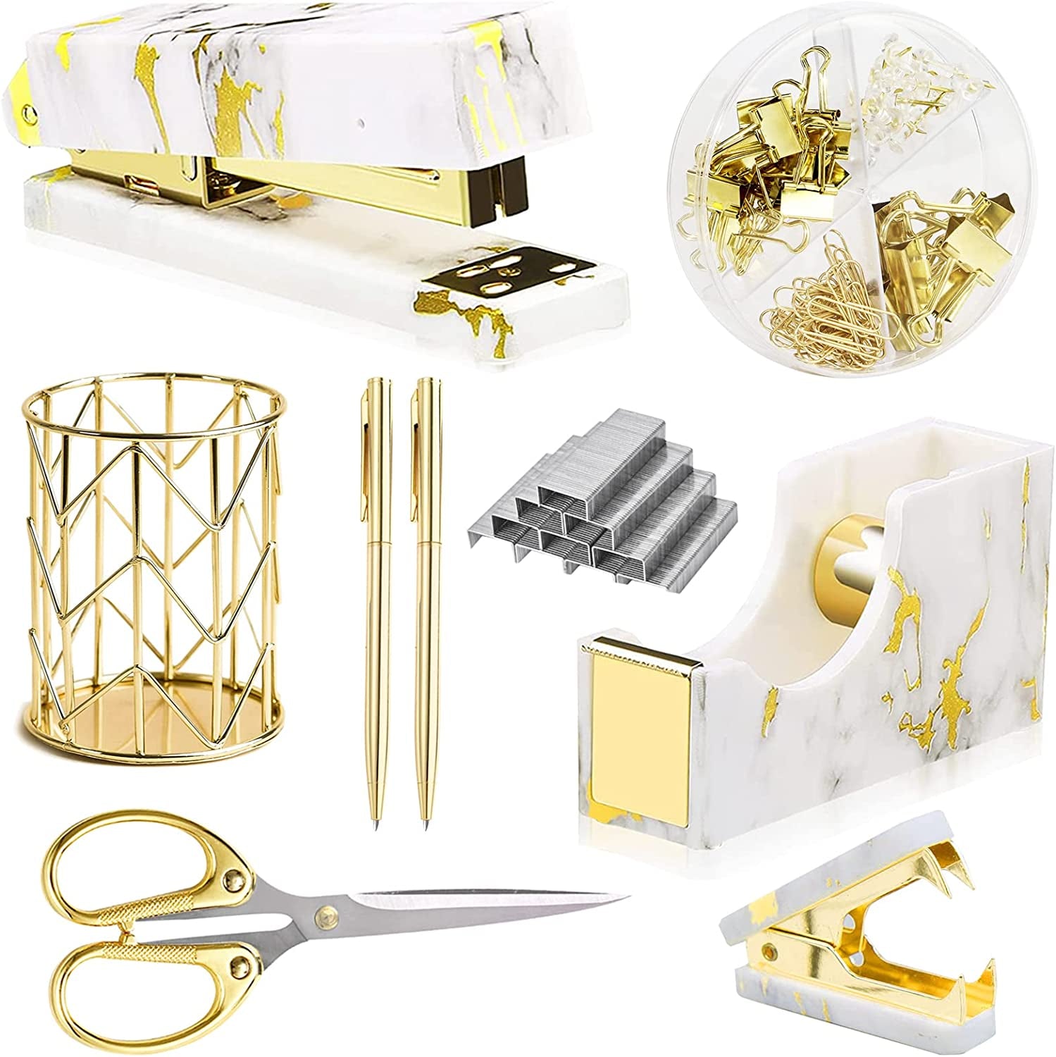 Rose Gold Desk Accessories，Office Supplies Set Acrylic Stapler Set Staple Remover, Tape Holder, 2 Ballpoint Pen, Scissor, Binder/Paper Clips and 1000Pcs Staples.