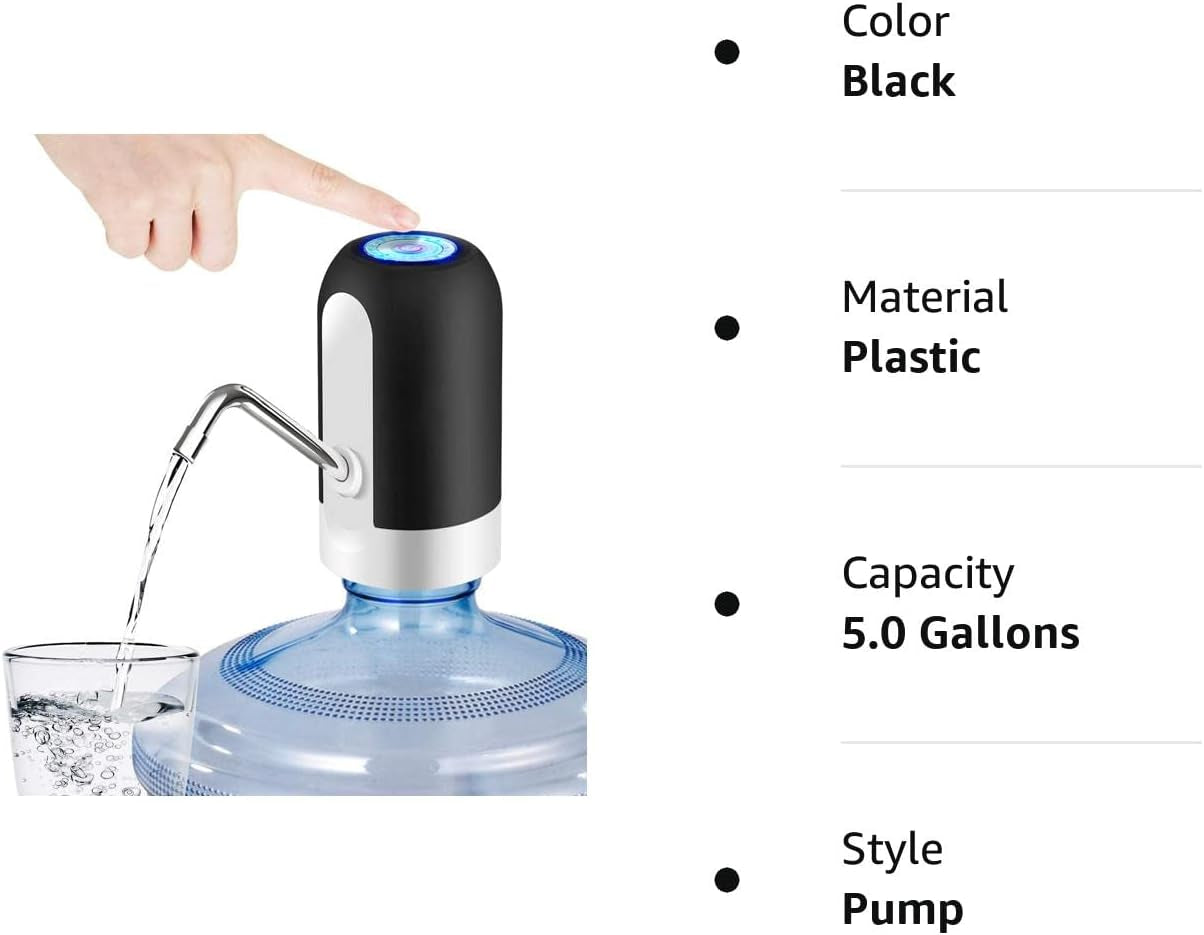 5 Gallon Water Bottle Dispenser, USB Charging Water Bottle Pump, Portable Water Dispenser Pump for Camping（Black）