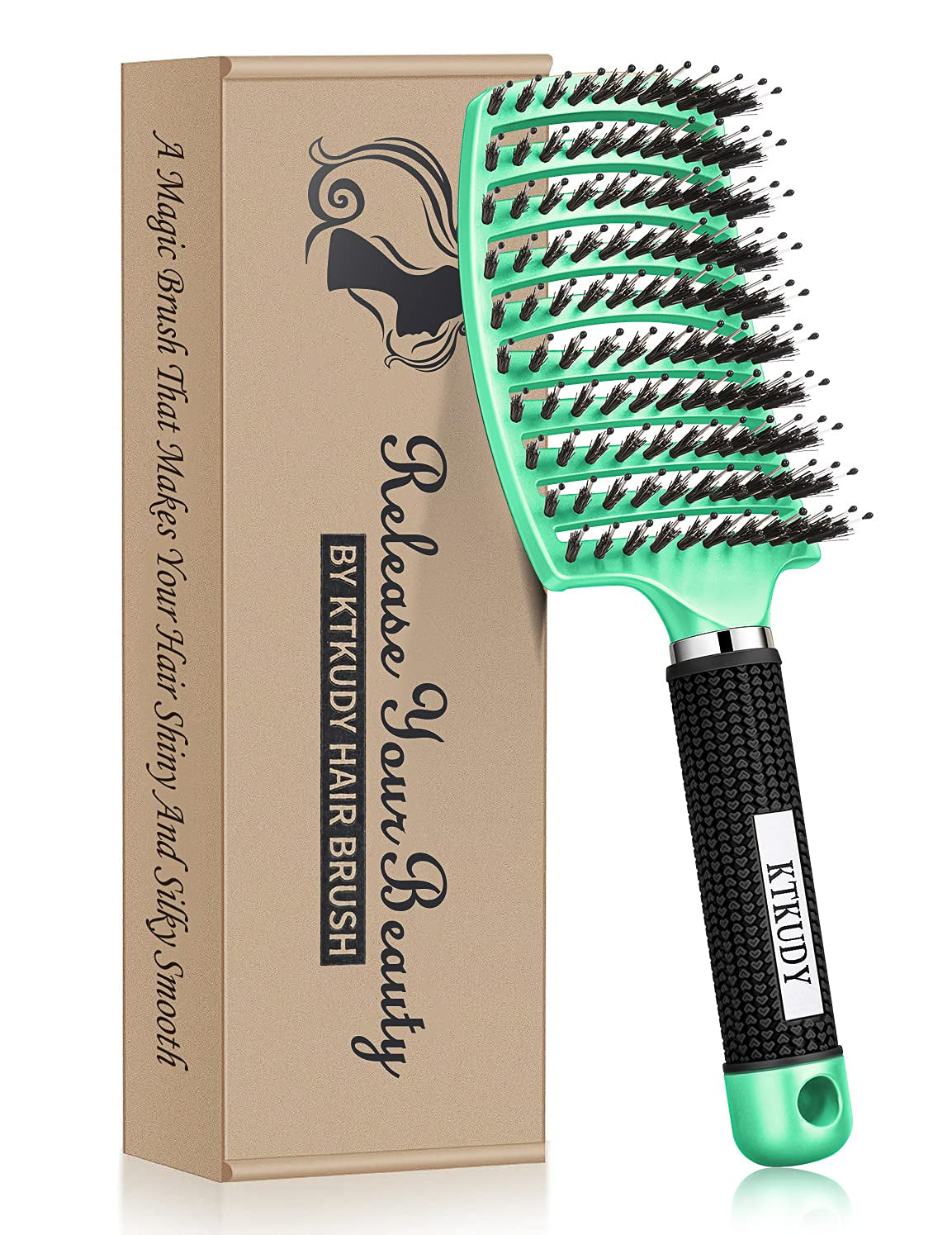 Detangling Brush Boar Bristles Hair Make Shiny & Healthier Curved and Vented Detangler for Women Men Kids Wet Dry (Light Green)