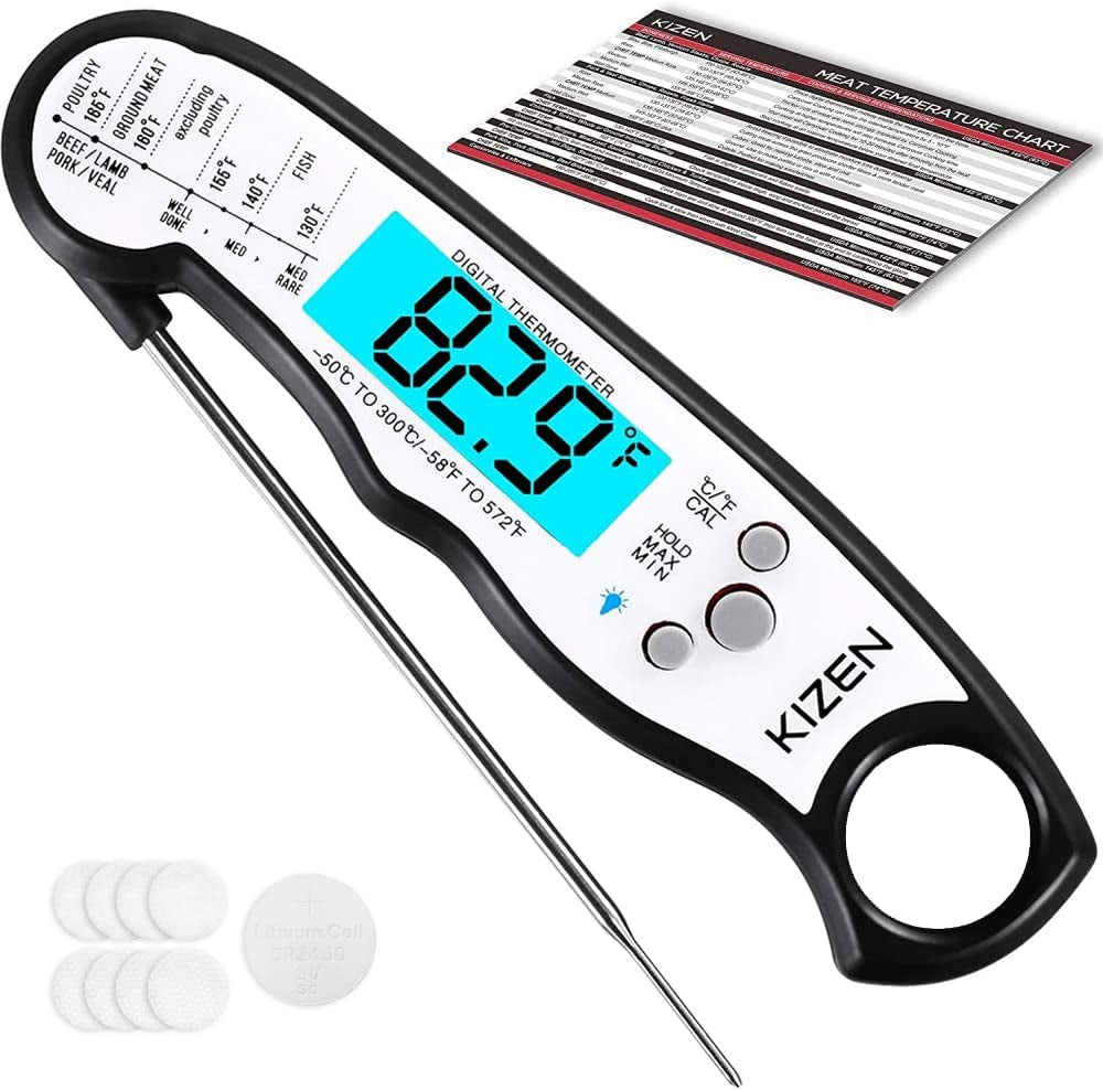 Digital Meat Thermometer with Probe - Instant Read Food Thermometer for Cooking, Grilling, BBQ, Baking, Liquids, Candy, Deep Frying, and More - Black/White