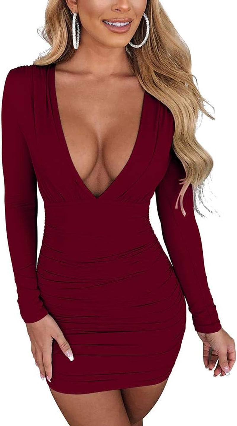 Women'S Sexy Bodycon Long Sleeve V Neck Ruched Mini Club Dress