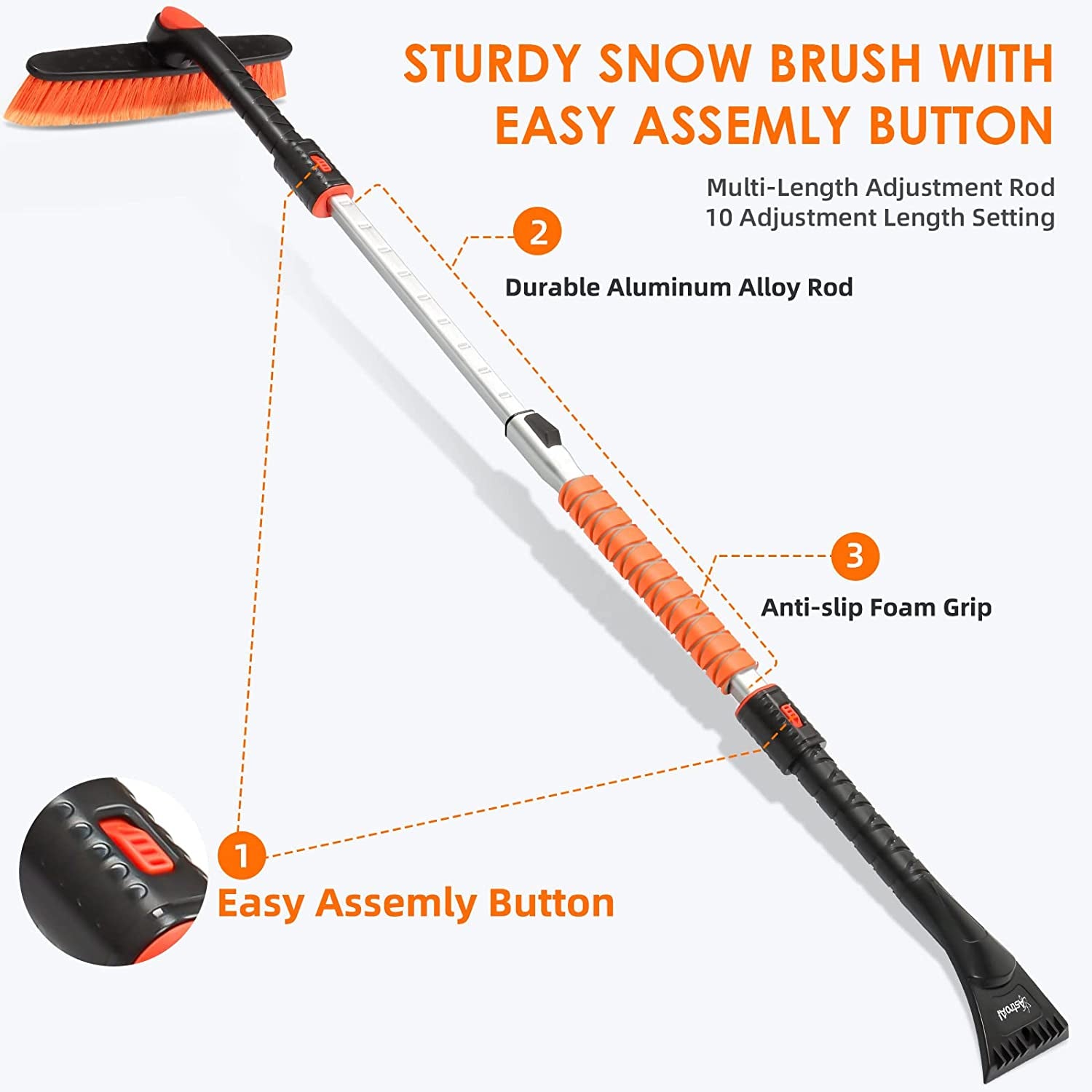 47.2" Ice Scraper and Extendable Snow Brush for Car Windshield with Foam Grip and 360° Pivoting Brush Head for Christmas Car Auto Truck Suv(Orange)