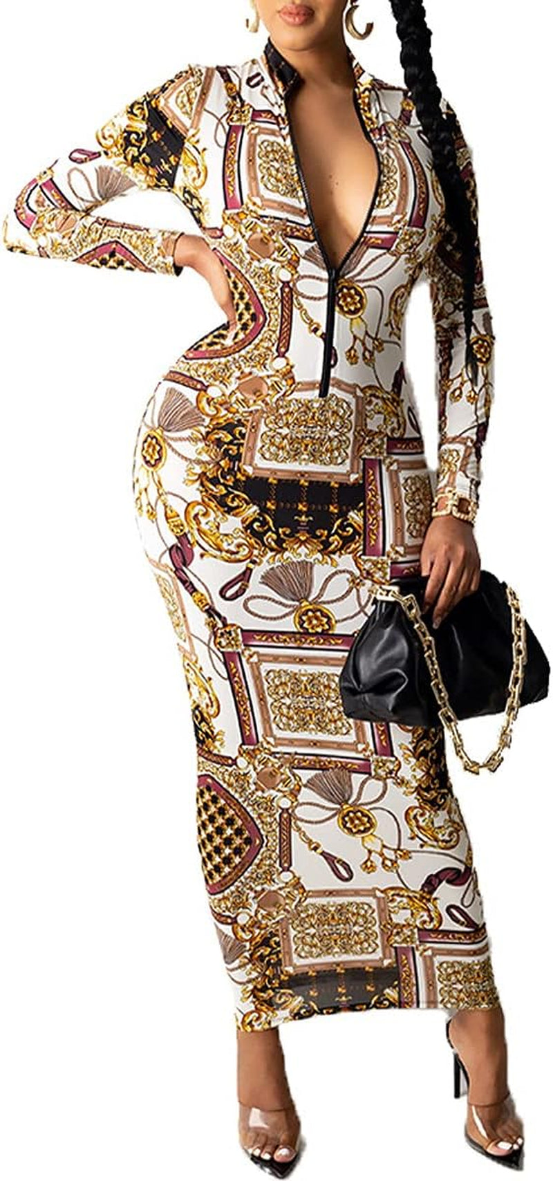 Bodycon Dresses for Women Casual Floral Prints Long Sleeve Slim Fit Elegant Club Dress