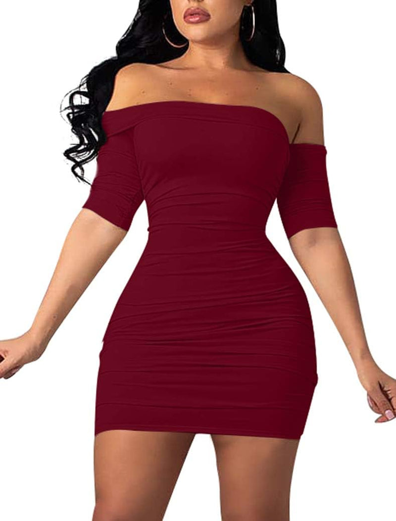 Women'S Summer Short Sleeve Sexy Bodycon Ruched Mini Party Dress