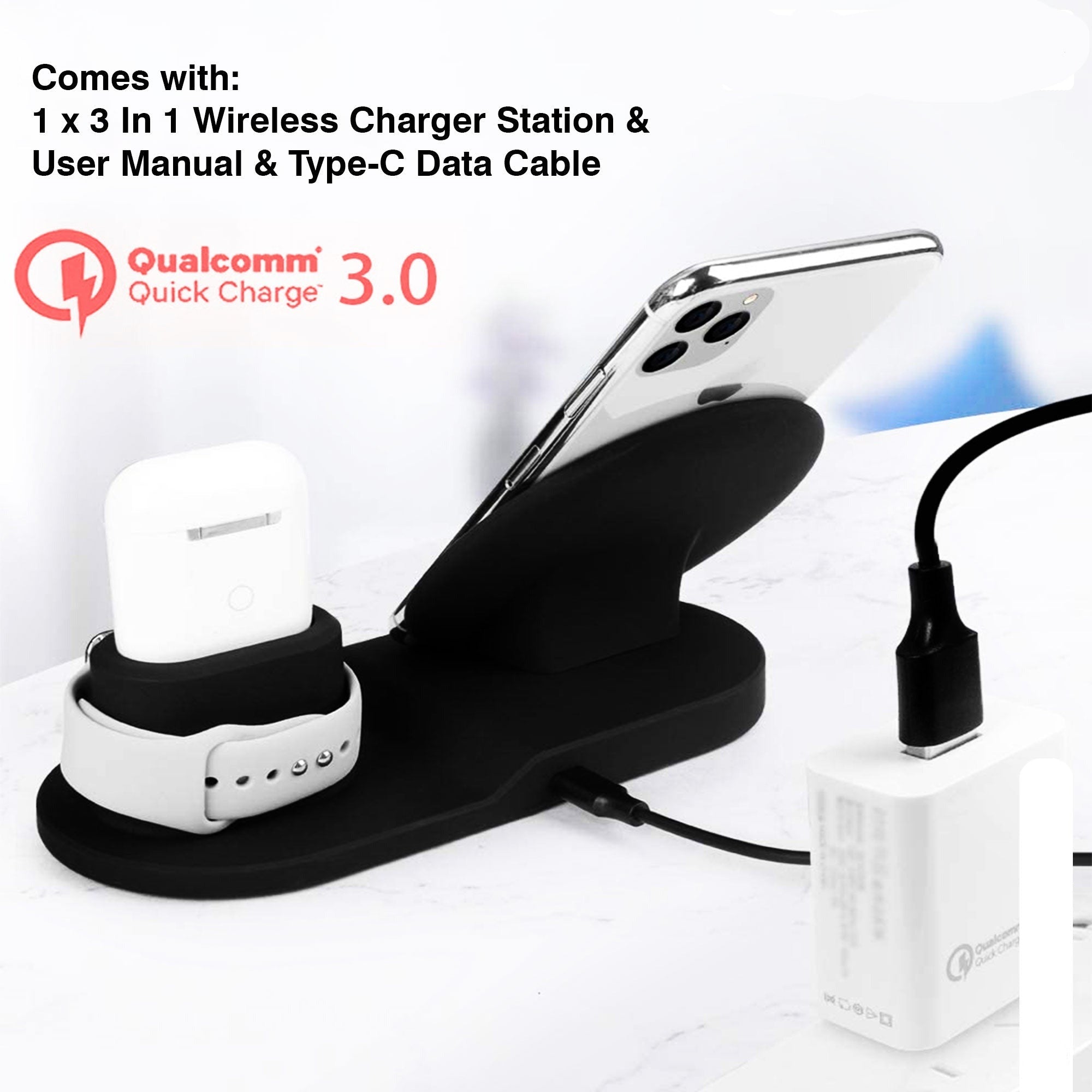 5 Core Wireless Charging Station 3 in 1 Wireless Charger Stand QI Fast Wireless Charging W Dual Coil for Samsung Iphone for Apple Watch Airpod -WCR 3