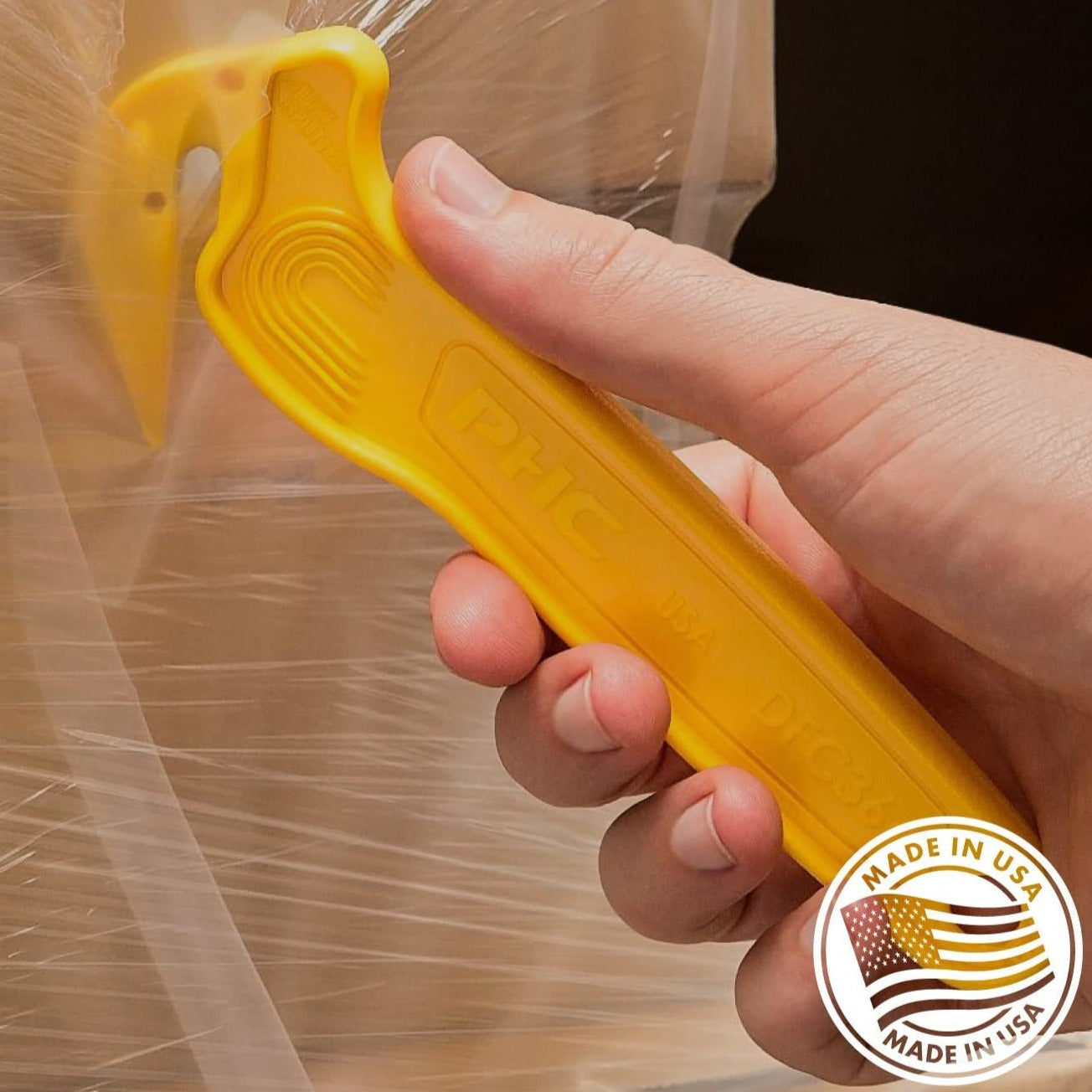 DFC364 Disposable Film Cutter, Sharp & Durable Steel Blade, Safe and Efficient Cutting Design for Shrink Wrap, Stretch Wrap, Tape, and Plastic Straps , Yellow