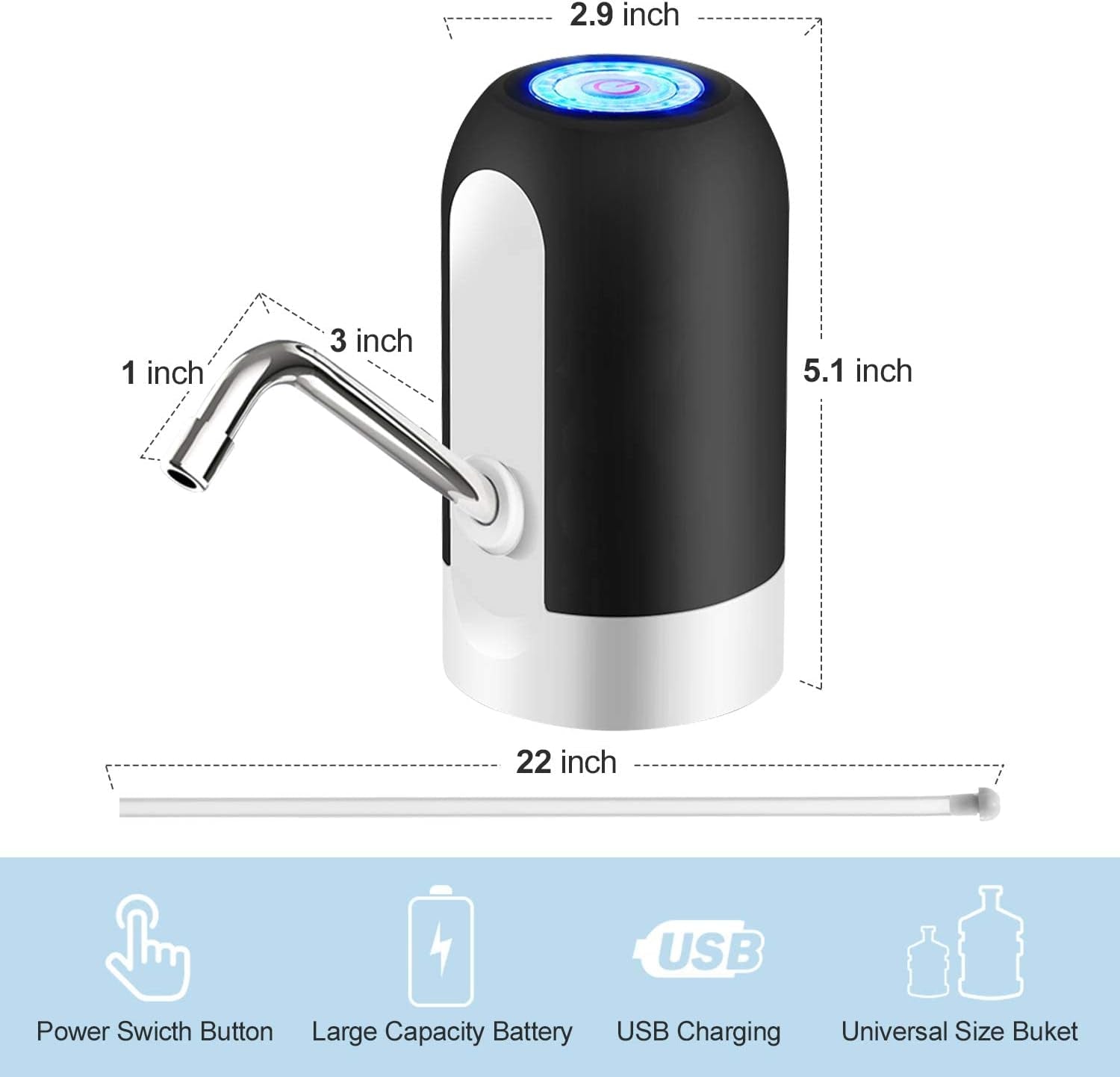 5 Gallon Water Bottle Dispenser, USB Charging Water Bottle Pump, Portable Water Dispenser Pump for Camping（Black）