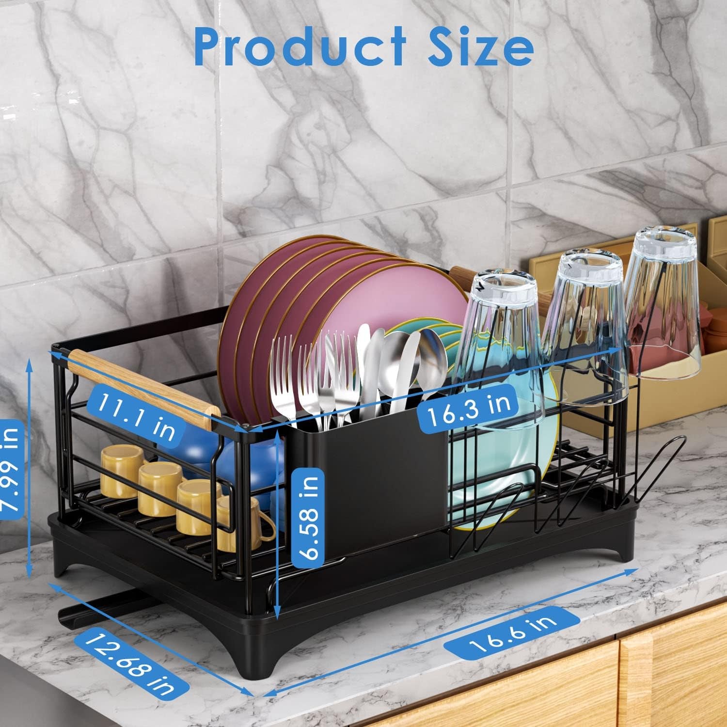 Dish Drying Rack, Dish Rack for Kitchen Counter, Rust-Proof Dish Drainer with Drying Board and Utensil Holder for Kitchen Counter Cabinet, 16.6” L× 12.6”W× 7.8”H, Black