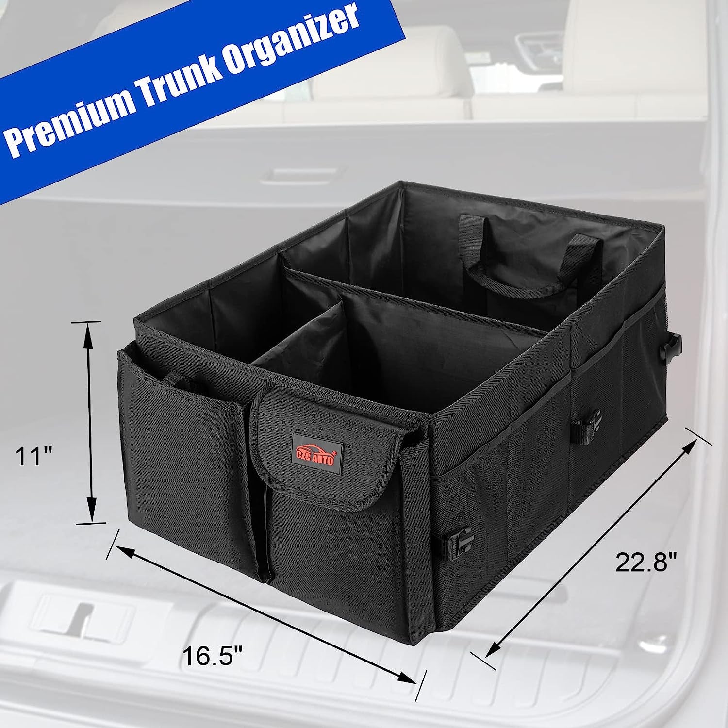 Car Trunk Organizer Premium Collapsible/Foldable Cargo Trunk Storage Organizer with 3 Compartments, Large Capacity for Car SUV Truck