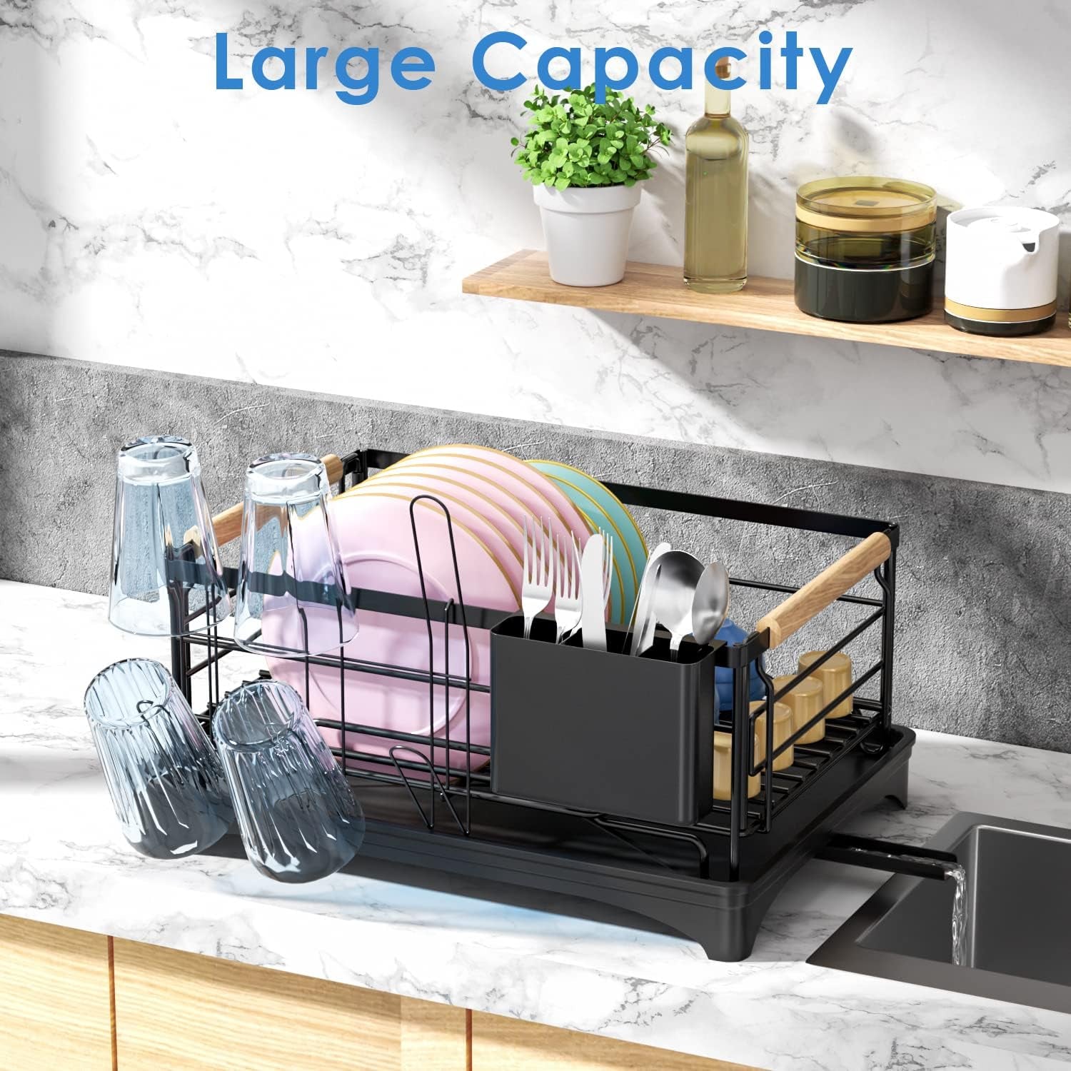 Dish Drying Rack, Dish Rack for Kitchen Counter, Rust-Proof Dish Drainer with Drying Board and Utensil Holder for Kitchen Counter Cabinet, 16.6” L× 12.6”W× 7.8”H, Black