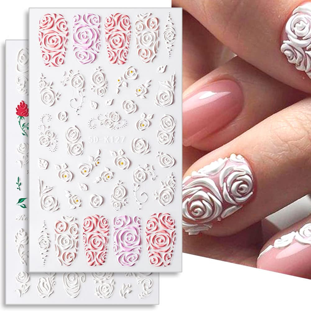 3Pcs Valentine'S Day Nail Art Stickers Decals 5D Engraved Flower Rose Ribbon Sliders for Nail Art Decoration Valentines Day Wedding Embossed Design Accessory (Valentine'S Day)