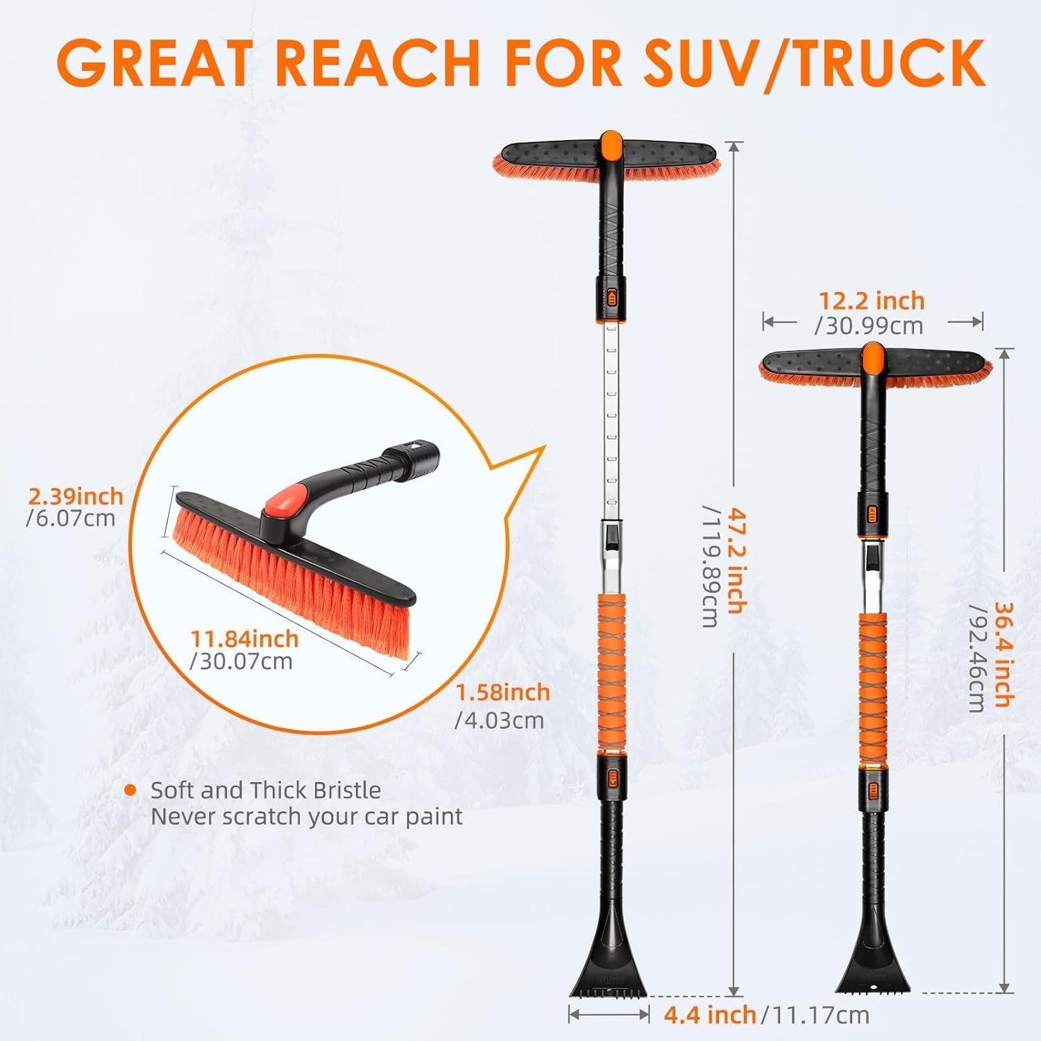 47.2" Ice Scraper and Extendable Snow Brush for Car Windshield with Foam Grip and 360° Pivoting Brush Head for Christmas Car Auto Truck Suv(Orange)