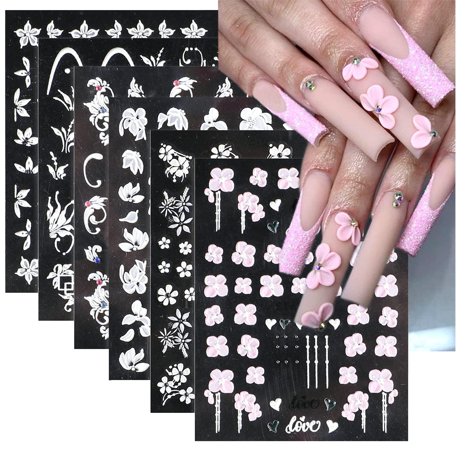 3Pcs Valentine'S Day Nail Art Stickers Decals 5D Engraved Flower Rose Ribbon Sliders for Nail Art Decoration Valentines Day Wedding Embossed Design Accessory (Valentine'S Day)