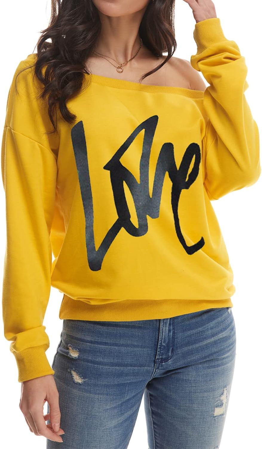 Womens Oversized Sweatshirt Love Letter Printed off Shoulder Sweatshirt Loose Slouchy Pullover Tops